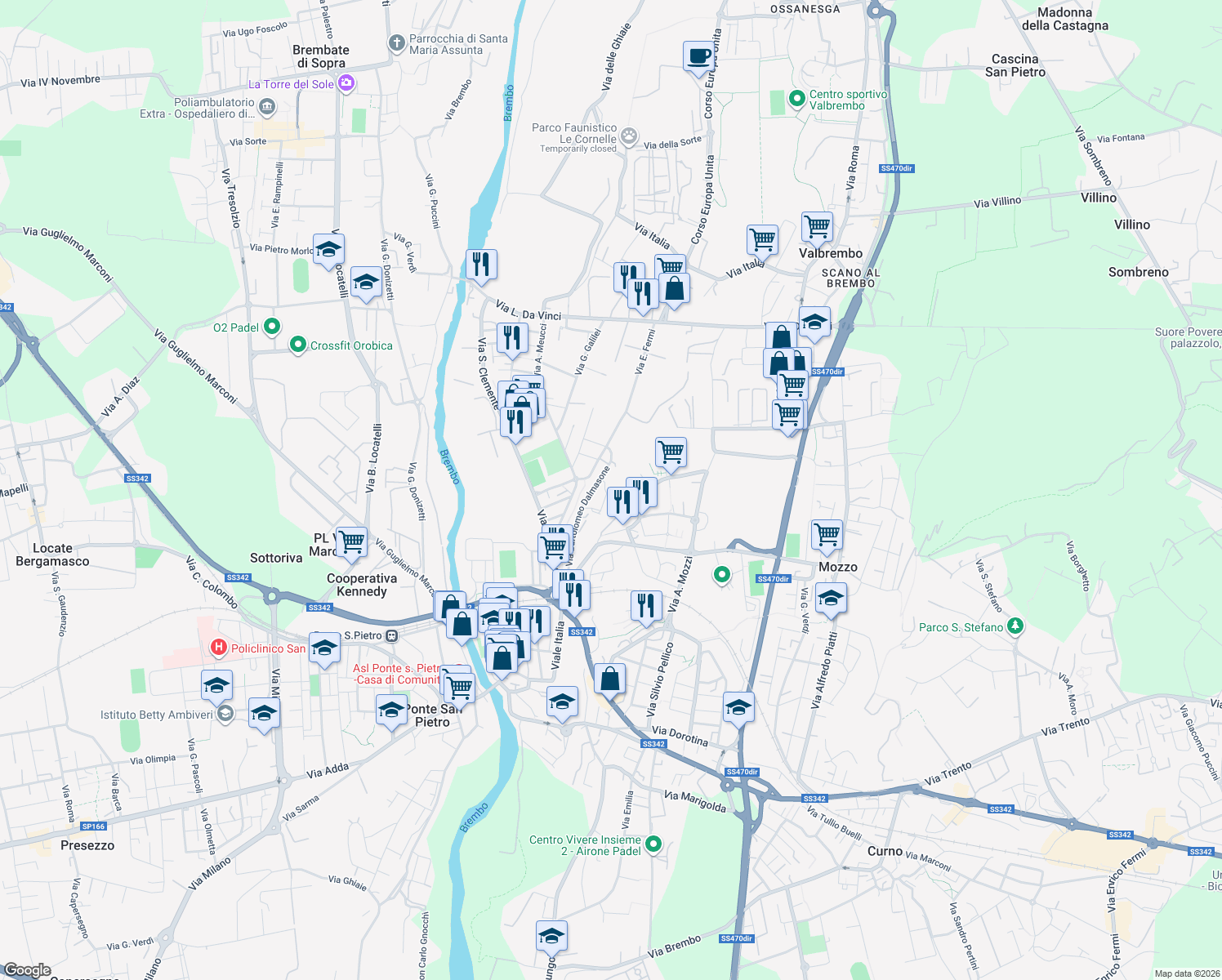map of restaurants, bars, coffee shops, grocery stores, and more near 24 Via E. Fermi in Ponte San Pietro
