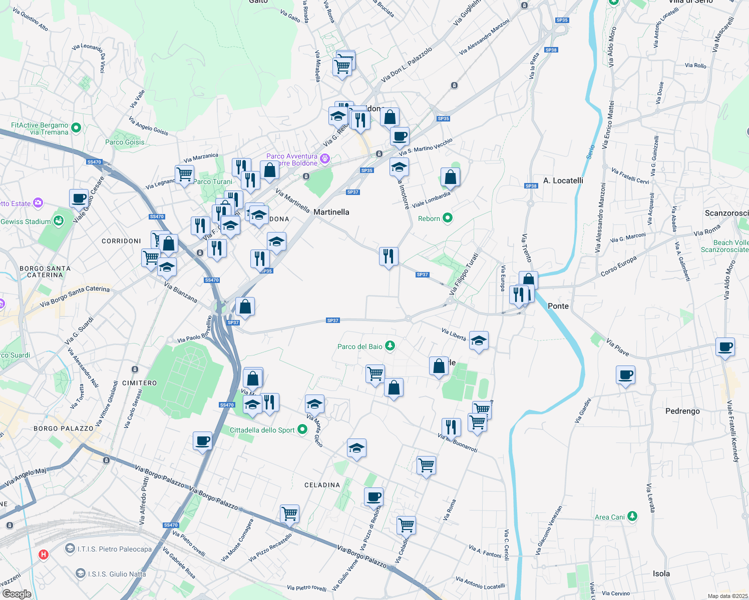 map of restaurants, bars, coffee shops, grocery stores, and more near 5 Via Giacomo Leopardi in Gorle