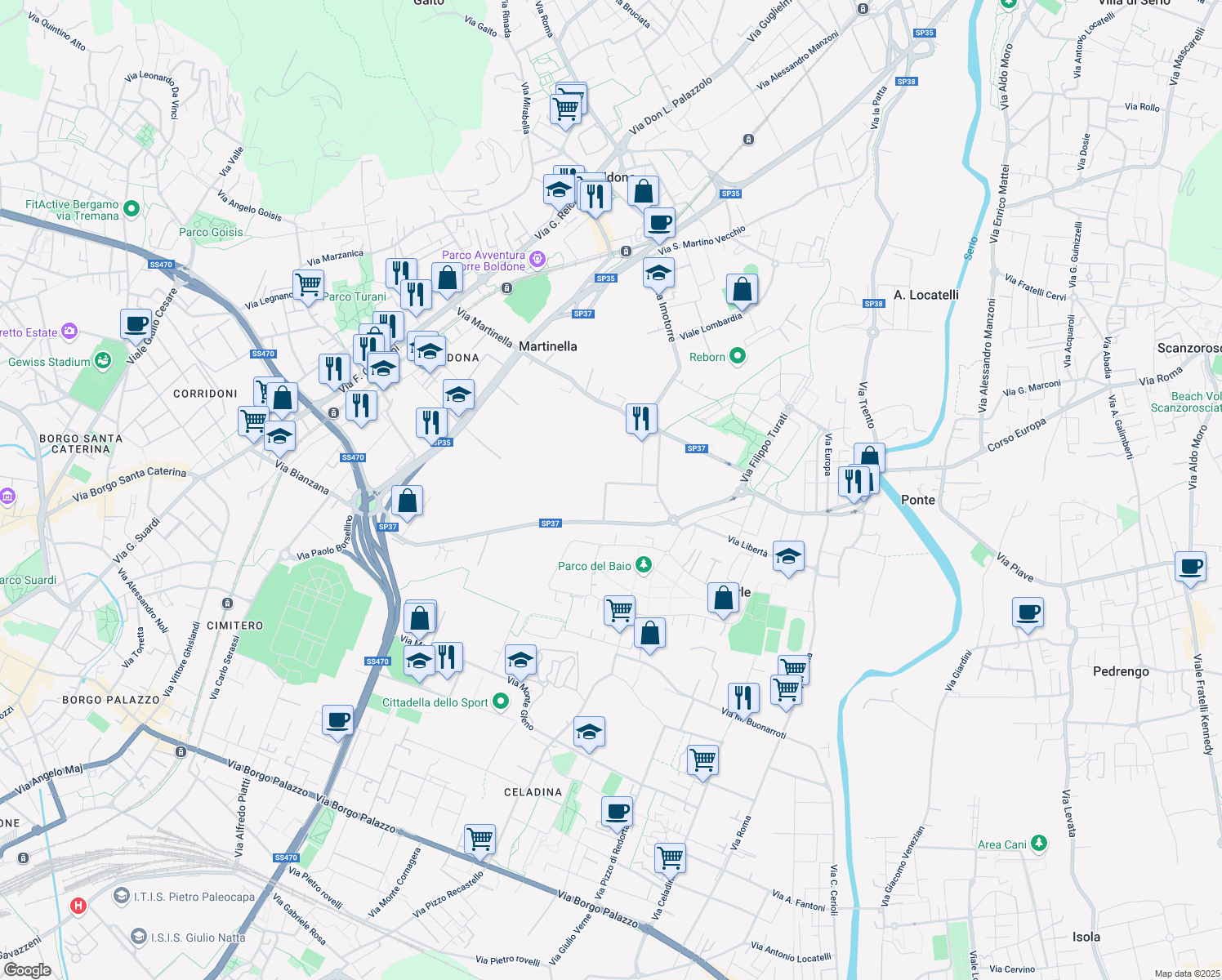 map of restaurants, bars, coffee shops, grocery stores, and more near 5 Via Giacomo Leopardi in Gorle