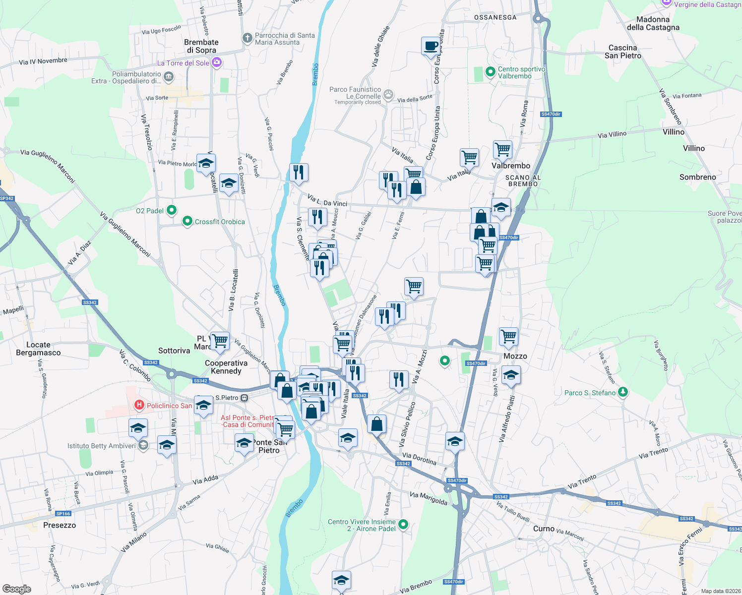 map of restaurants, bars, coffee shops, grocery stores, and more near 24 Via E. Fermi in Ponte San Pietro