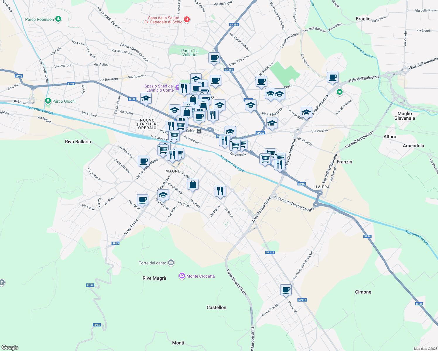 map of restaurants, bars, coffee shops, grocery stores, and more near 4 Via Giantommaso Faccioli in Schio