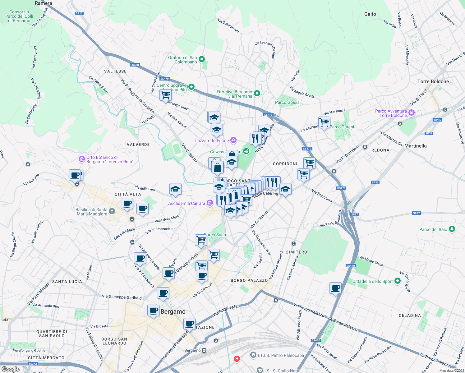 map of restaurants, bars, coffee shops, grocery stores, and more near in Bergamo