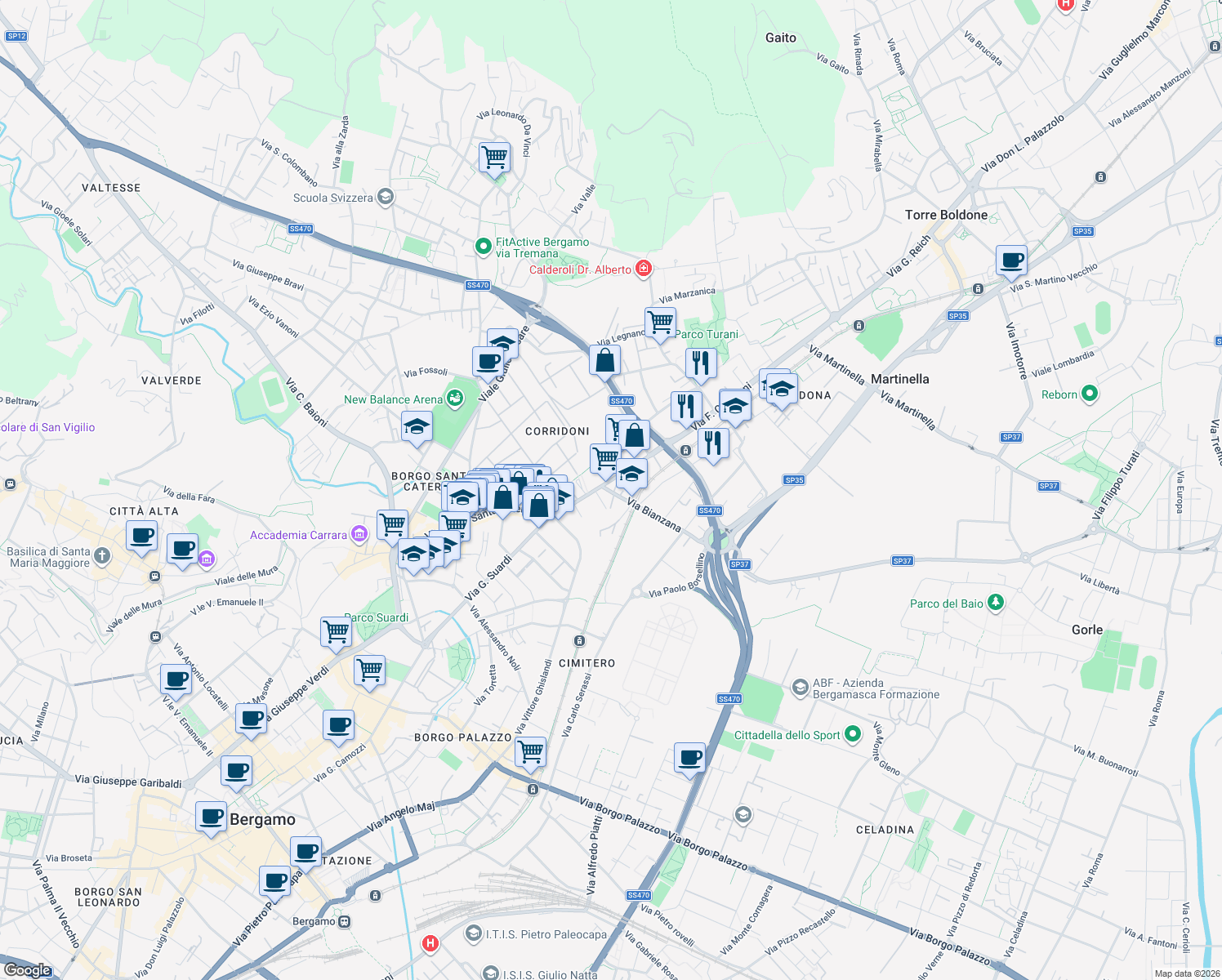 map of restaurants, bars, coffee shops, grocery stores, and more near 26 Via Filippo Corridoni in Bergamo