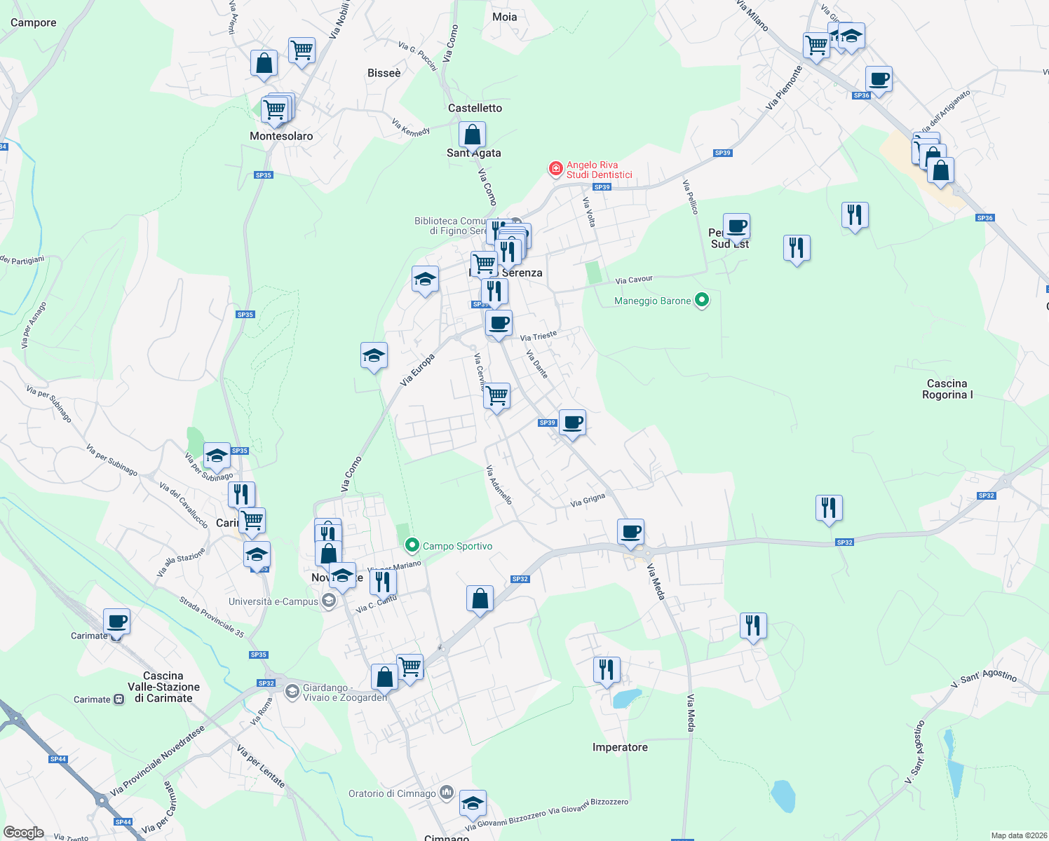 map of restaurants, bars, coffee shops, grocery stores, and more near 8 Via Monte Rosa in Figino Serenza