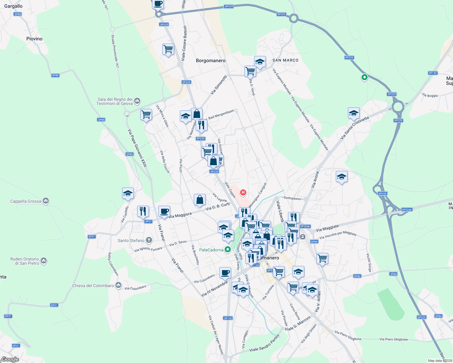 map of restaurants, bars, coffee shops, grocery stores, and more near 22 Viale Zoppis in Borgomanero