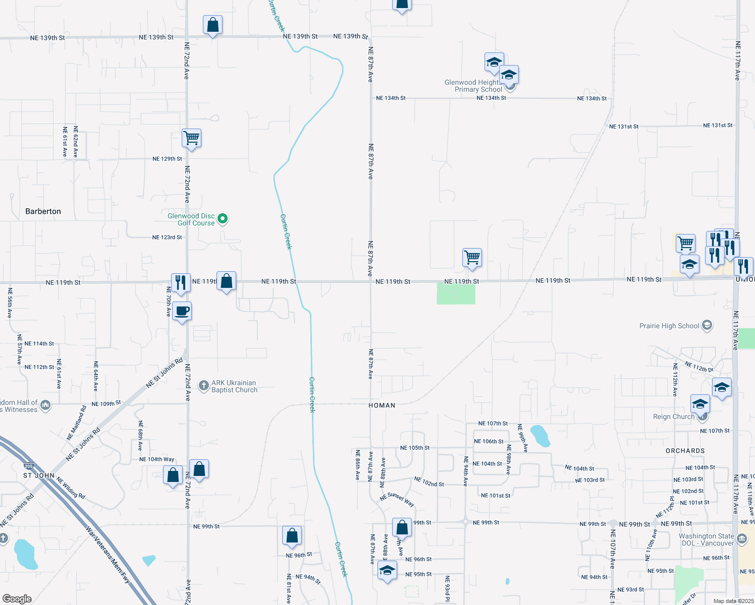 map of restaurants, bars, coffee shops, grocery stores, and more near 11705 Northeast 87th Avenue in Vancouver