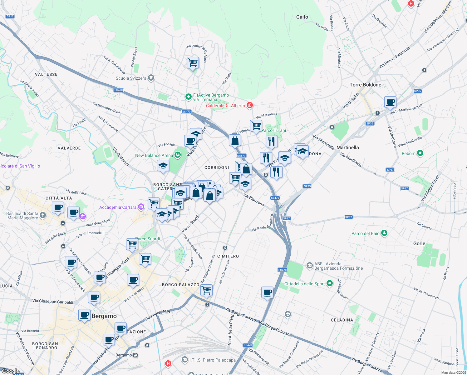 map of restaurants, bars, coffee shops, grocery stores, and more near 26 Via F. Corridoni in Bergamo