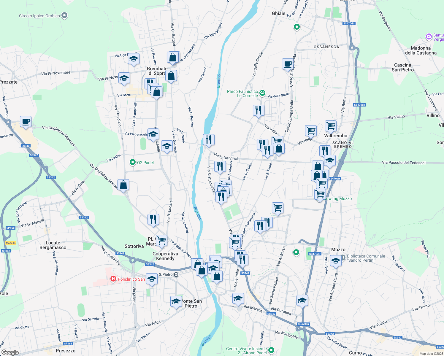 map of restaurants, bars, coffee shops, grocery stores, and more near 9 Via Raffaello Sanzio in Ponte San Pietro