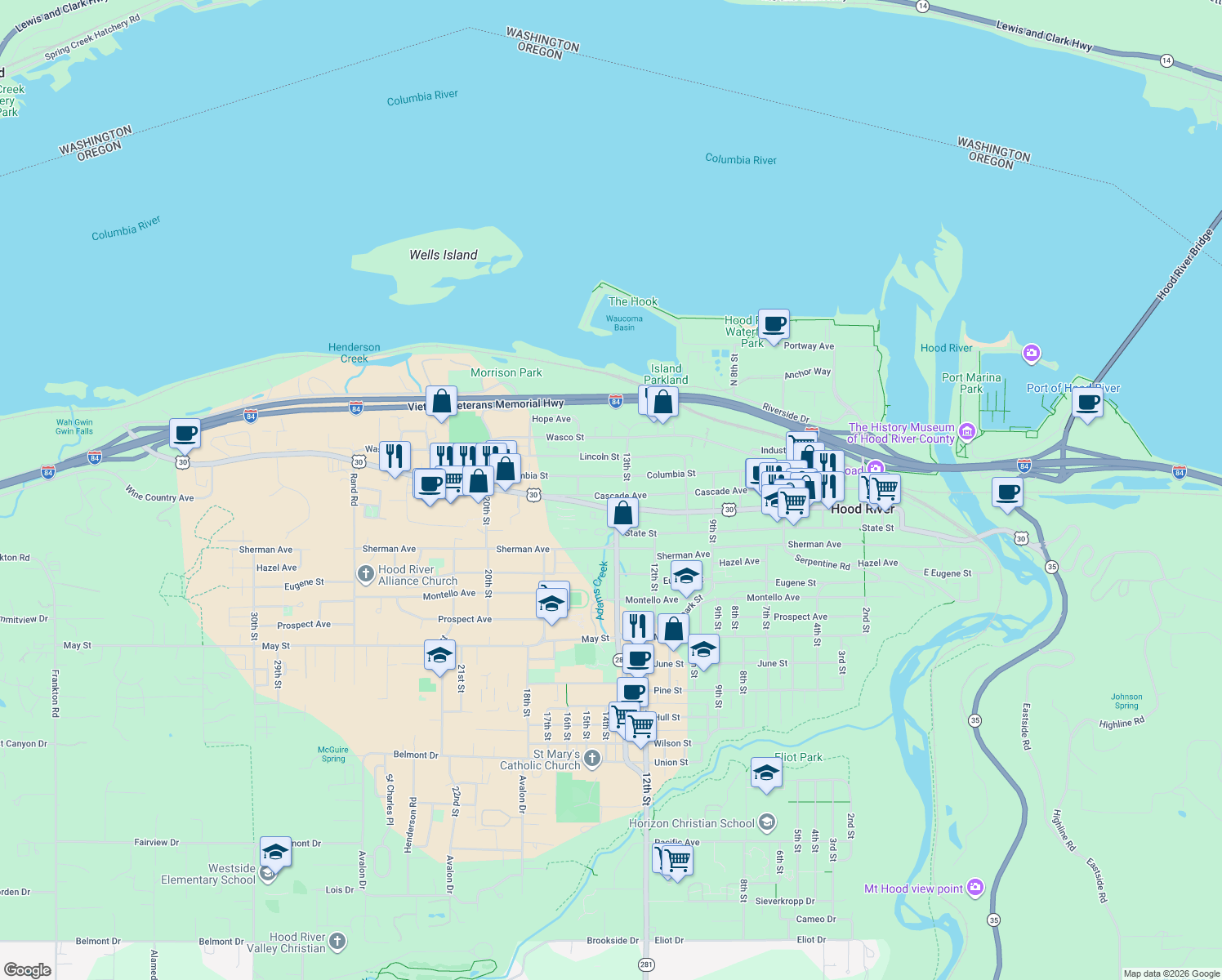 map of restaurants, bars, coffee shops, grocery stores, and more near 1314 Cascade Avenue in Hood River