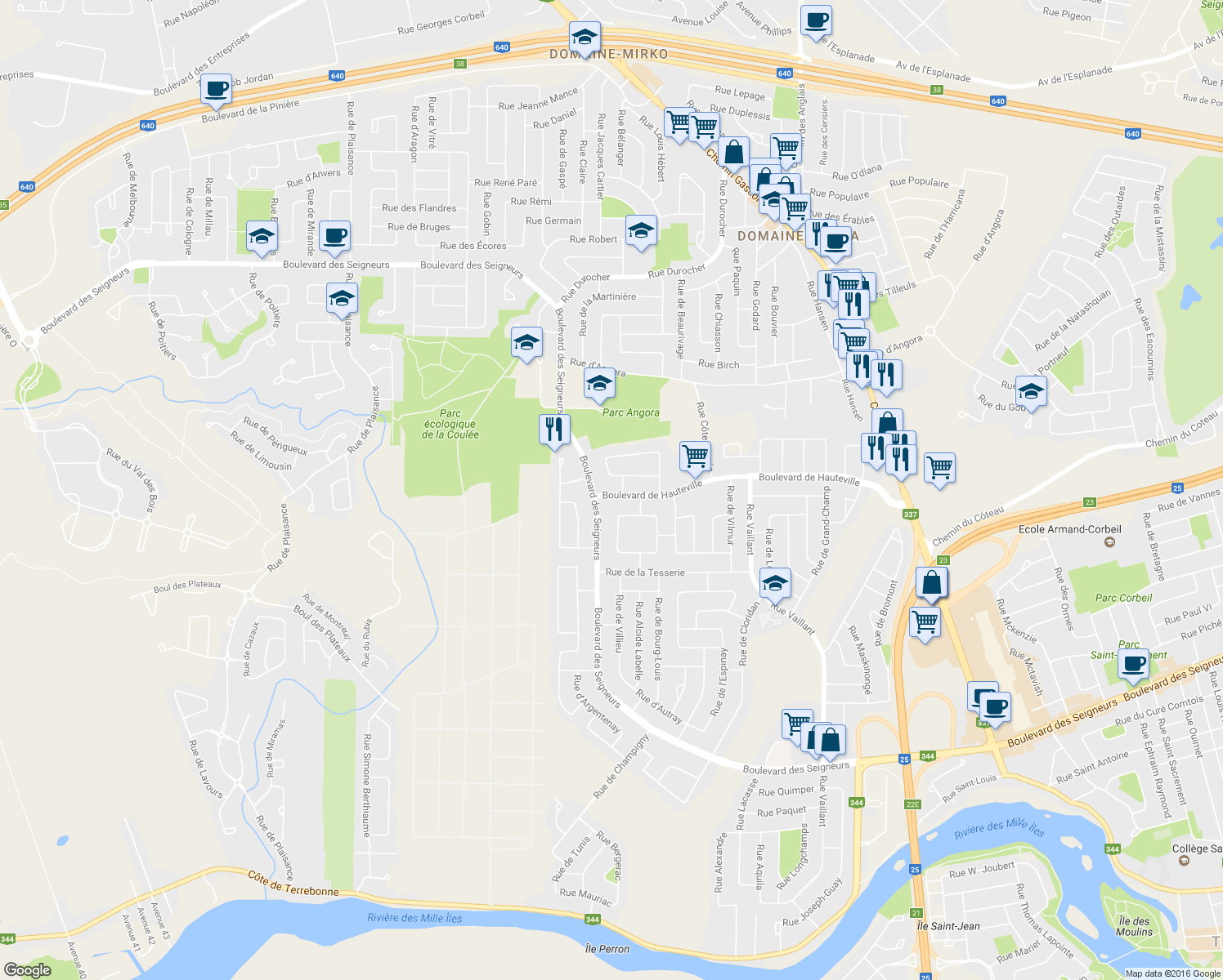 map of restaurants, bars, coffee shops, grocery stores, and more near 4133 Boulevard de Hauteville in Terrebonne