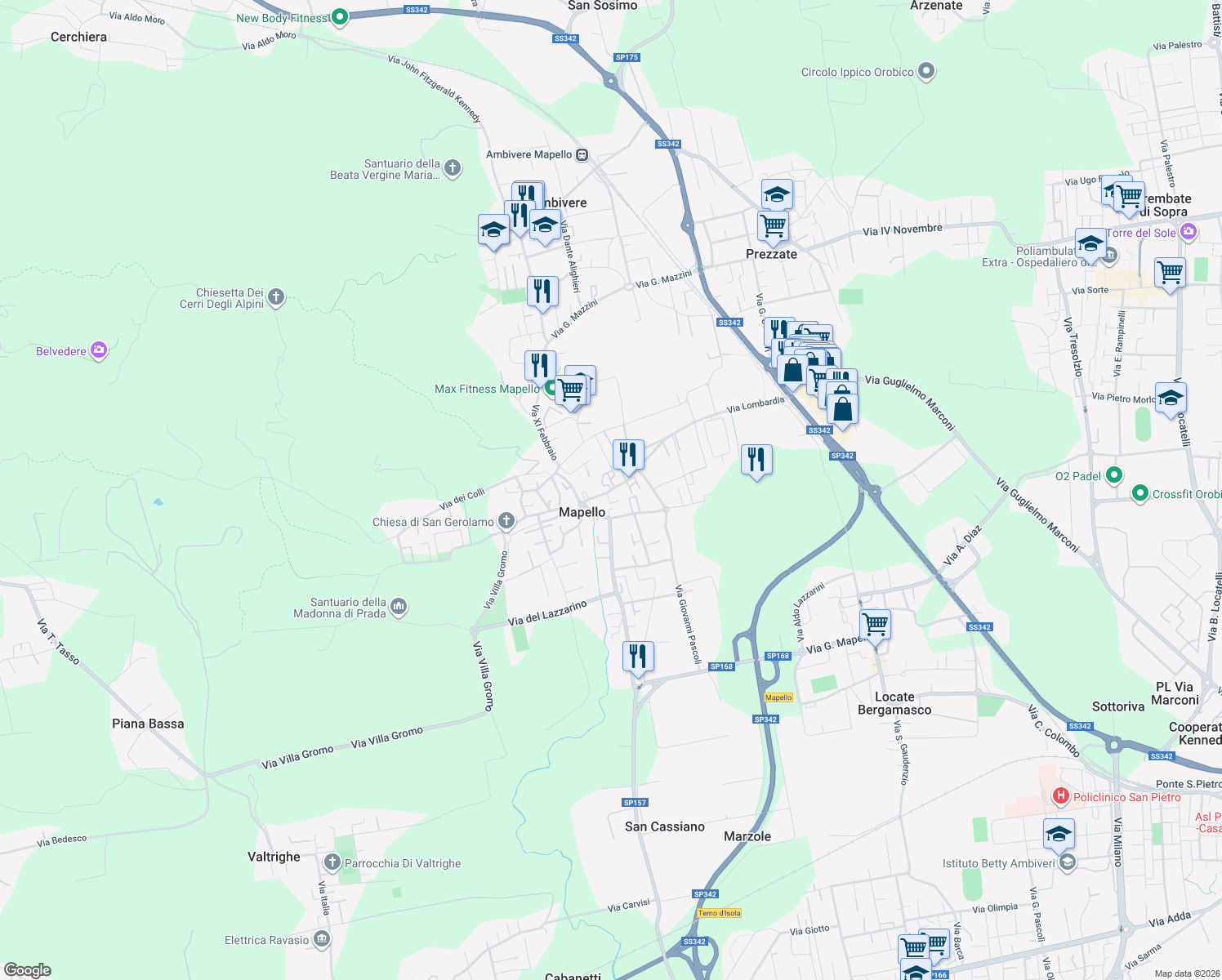 map of restaurants, bars, coffee shops, grocery stores, and more near 1 Via Antonio Taramelli in Mapello