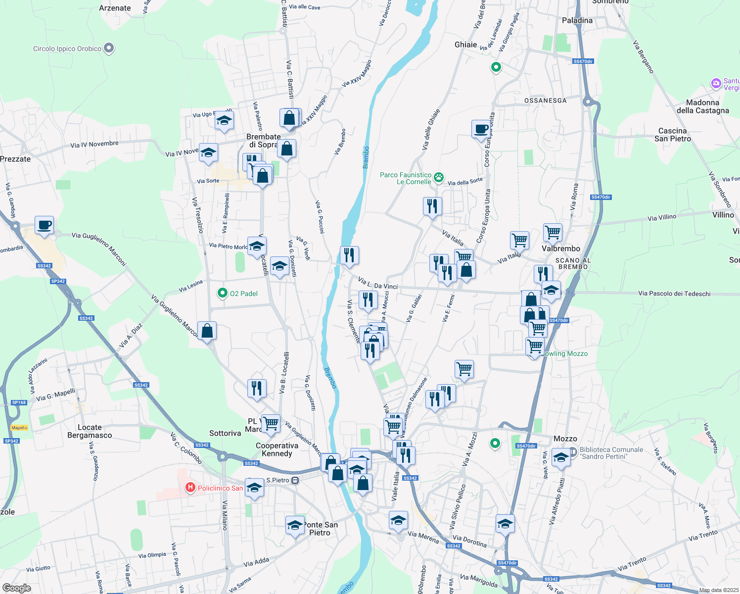 map of restaurants, bars, coffee shops, grocery stores, and more near 9 Via Raffaello Sanzio in Ponte San Pietro