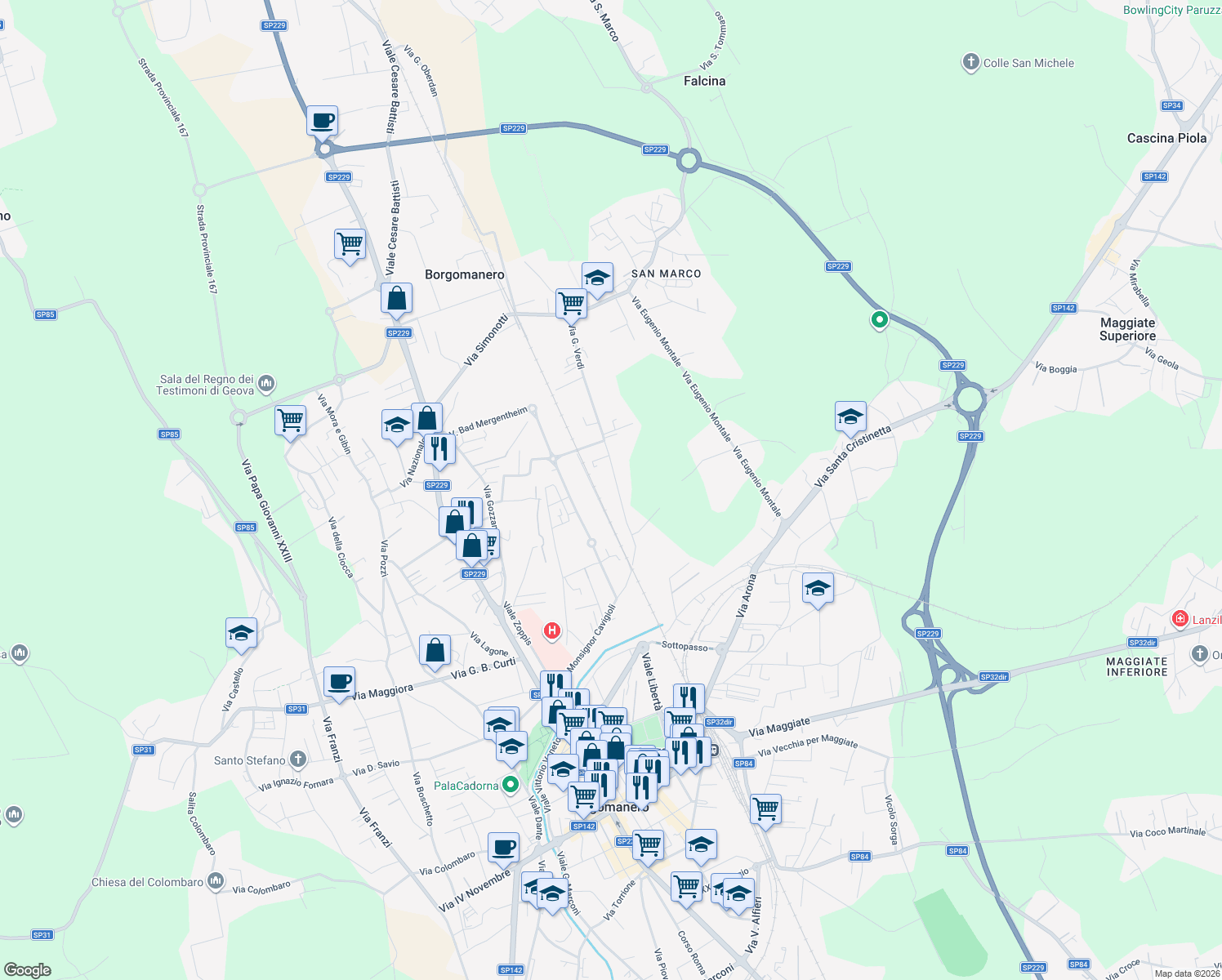 map of restaurants, bars, coffee shops, grocery stores, and more near 73 Via G. Verdi in Borgomanero