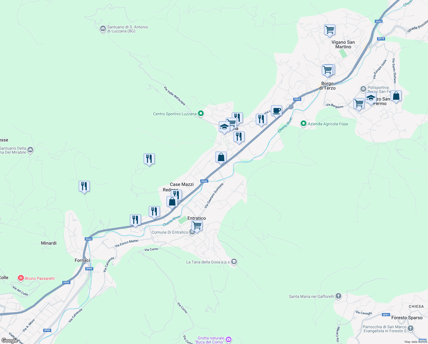 map of restaurants, bars, coffee shops, grocery stores, and more near 604 Via Nazionale in Luzzana