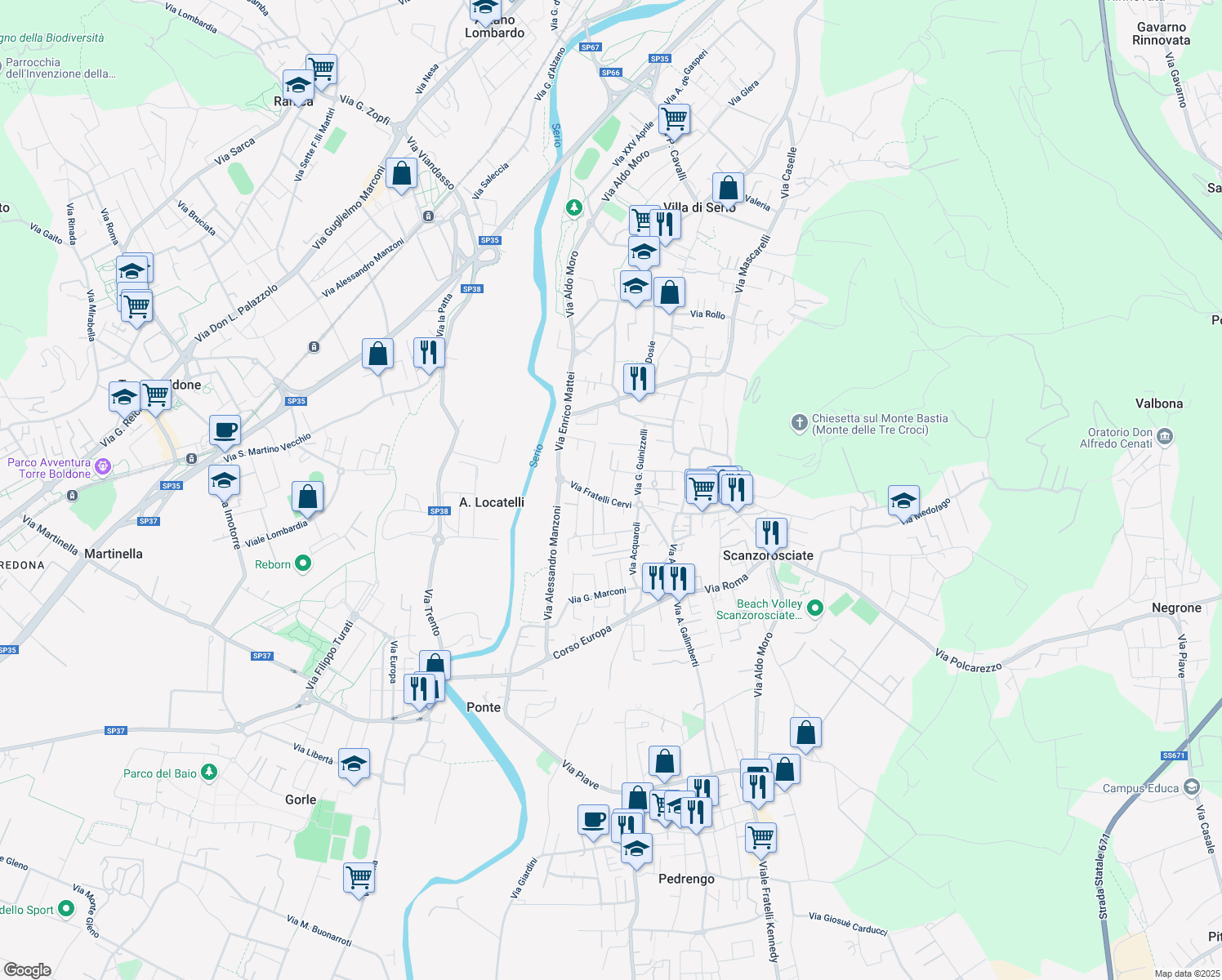 map of restaurants, bars, coffee shops, grocery stores, and more near 3 Via G. Bosis in Scanzorosciate