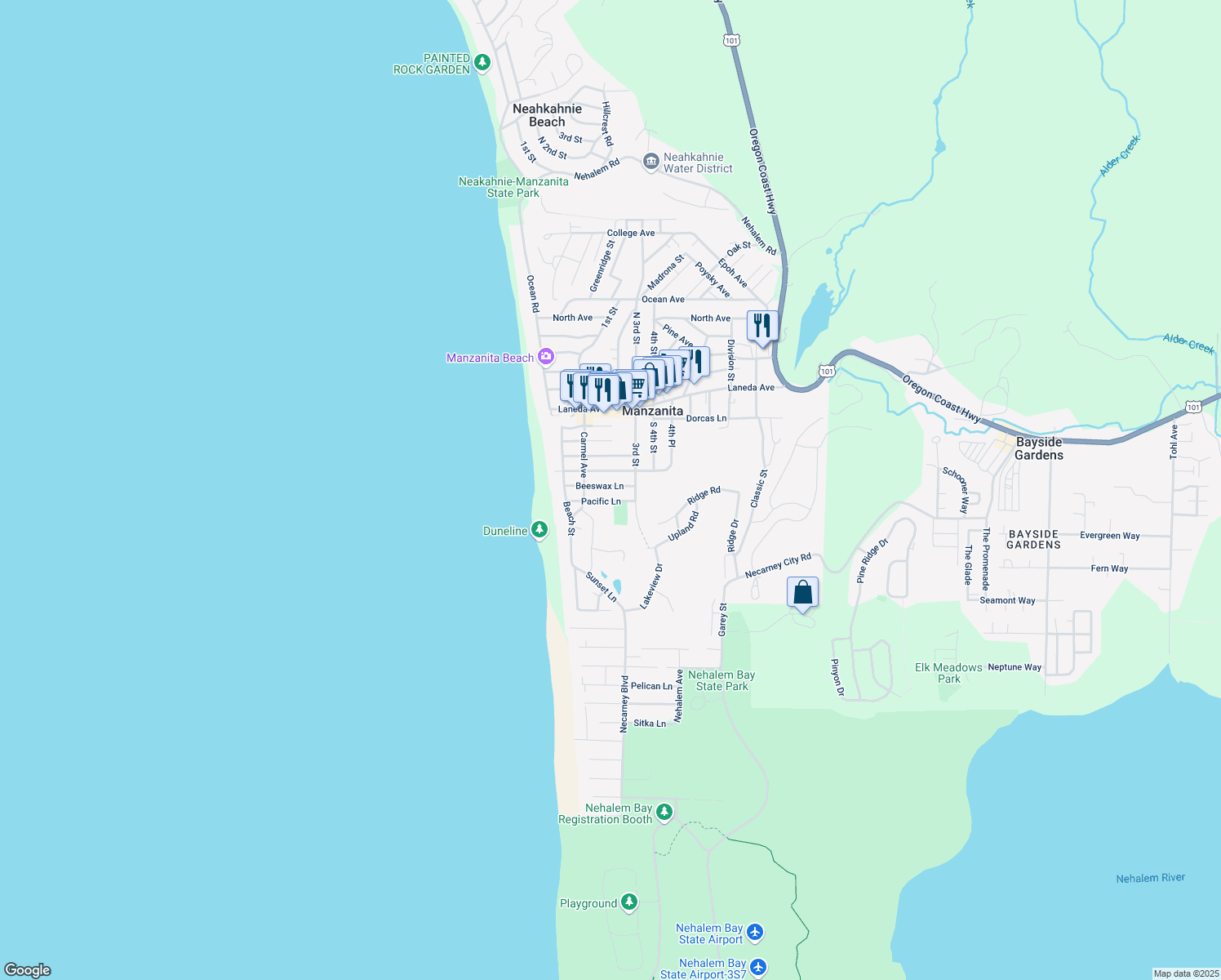 map of restaurants, bars, coffee shops, grocery stores, and more near 196 Beeswax Lane in Manzanita
