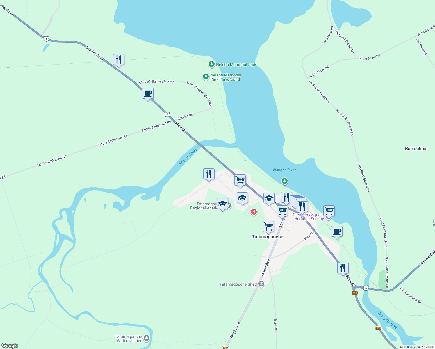 map of restaurants, bars, coffee shops, grocery stores, and more near 25 Lake Road in Tatamagouche