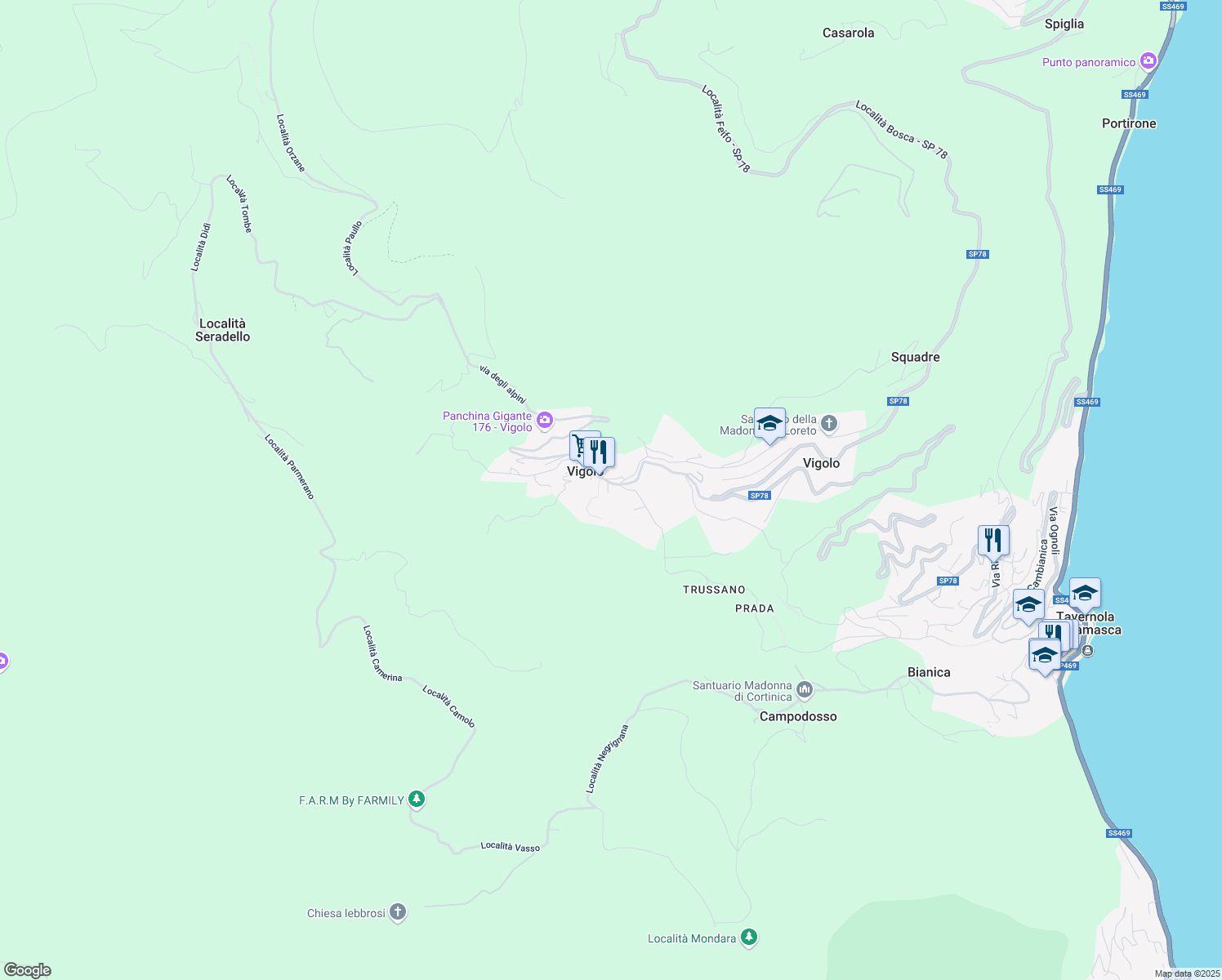 map of restaurants, bars, coffee shops, grocery stores, and more near 6 Vicolo Betelli in Vigolo