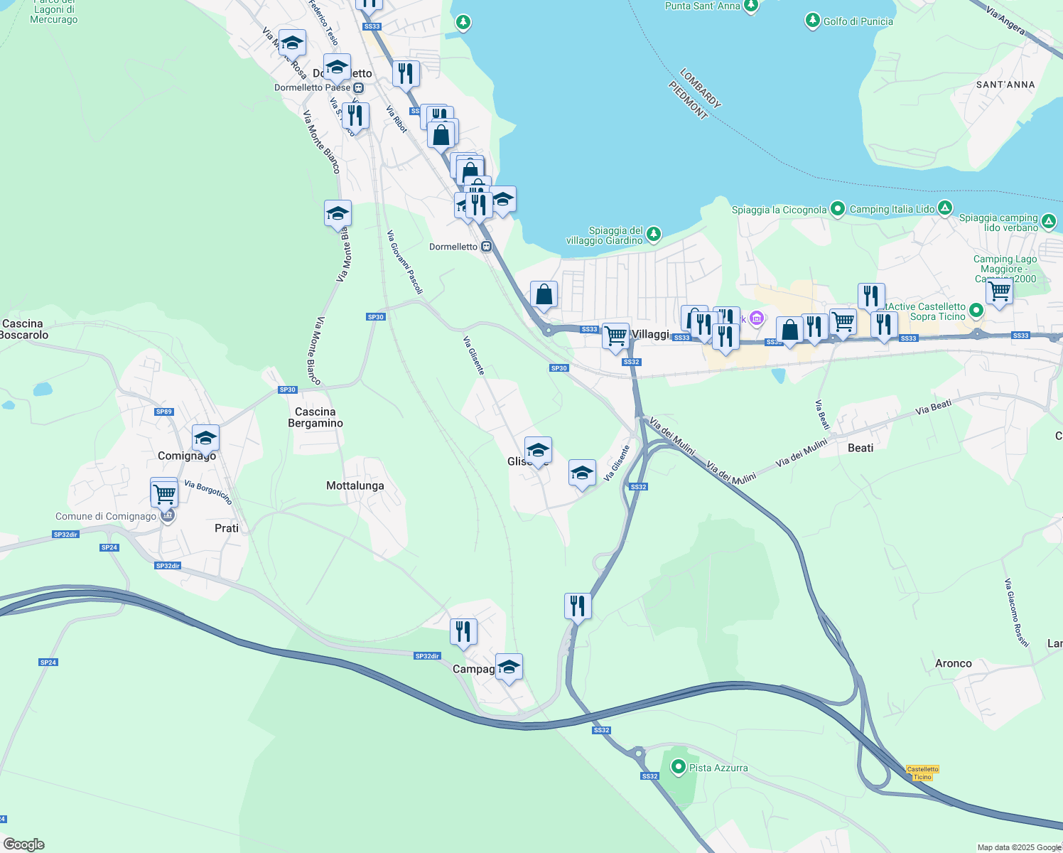 map of restaurants, bars, coffee shops, grocery stores, and more near 74b Via Glisente in Glisente