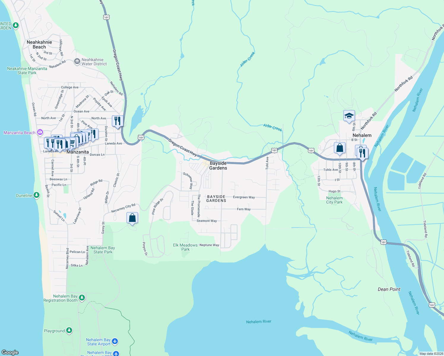 map of restaurants, bars, coffee shops, grocery stores, and more near 35360 Bayside Gardens Road in Nehalem