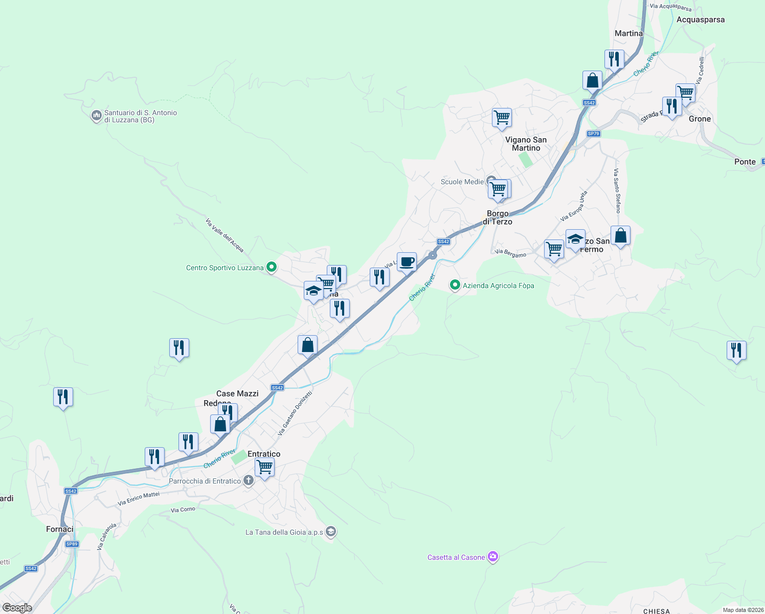 map of restaurants, bars, coffee shops, grocery stores, and more near 3 Via Nazionale in Luzzana