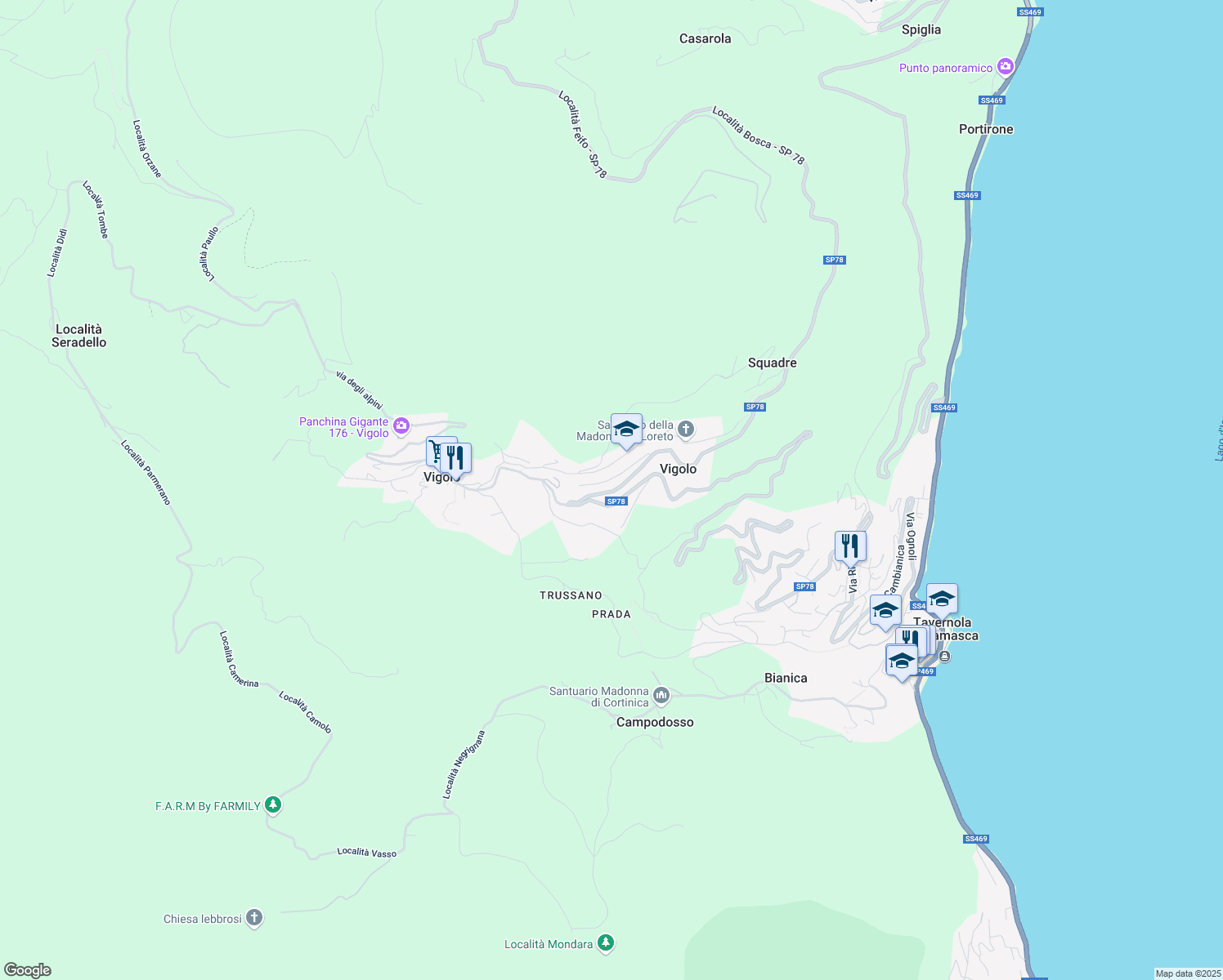 map of restaurants, bars, coffee shops, grocery stores, and more near 10 Via Vigolo in Vigolo