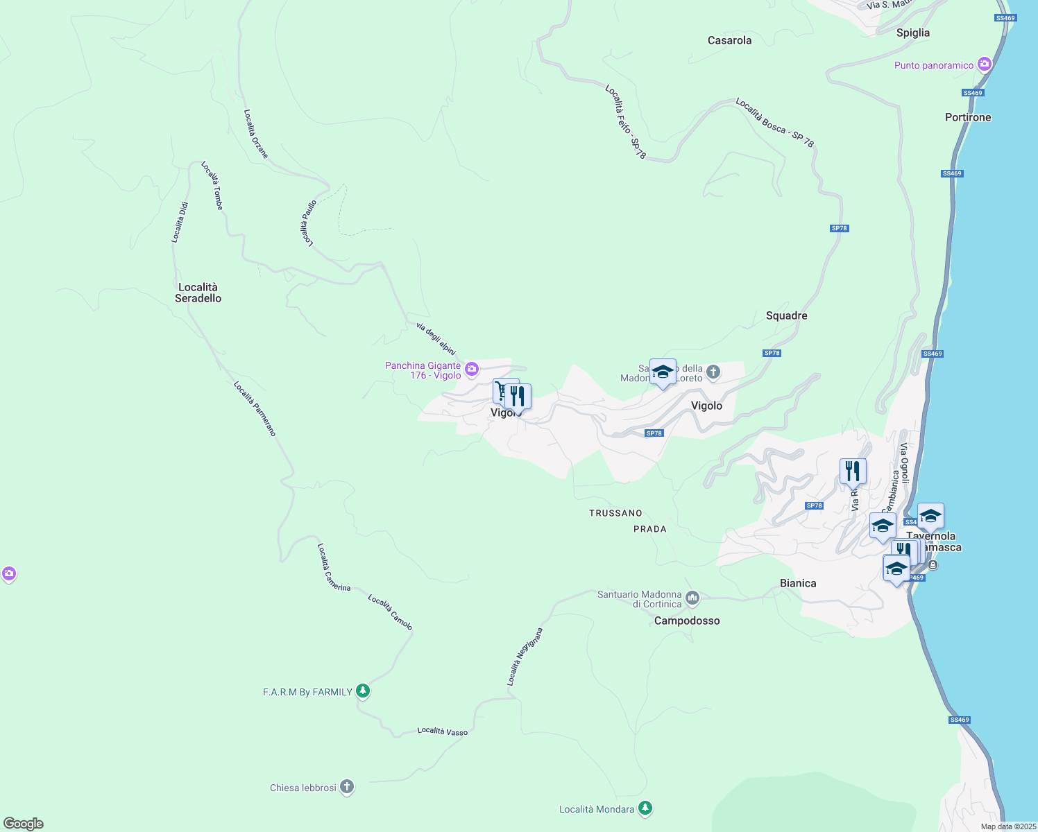 map of restaurants, bars, coffee shops, grocery stores, and more near 23 Via Castello in Vigolo