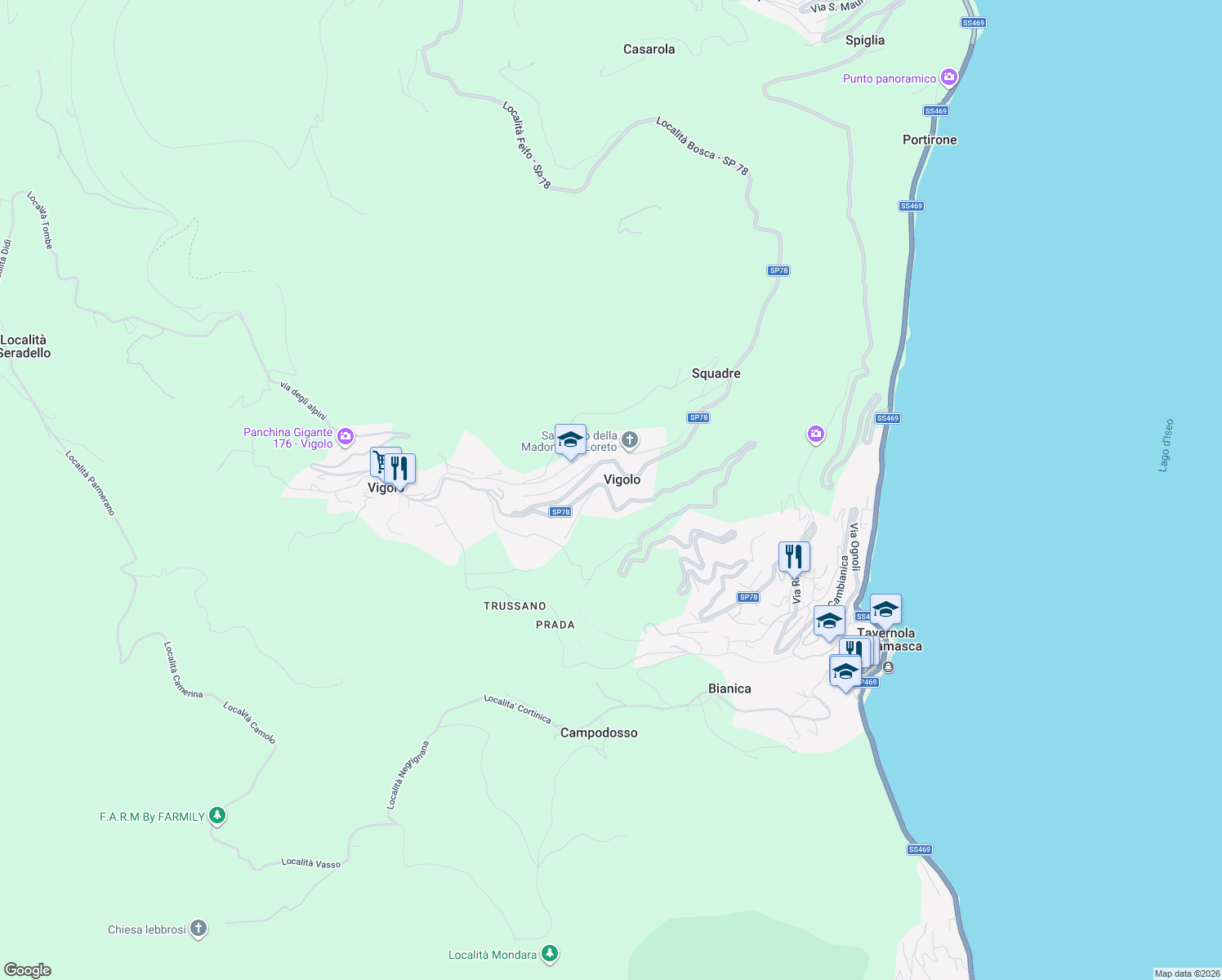 map of restaurants, bars, coffee shops, grocery stores, and more near 10 Via Vigolo - SP 78 in Vigolo