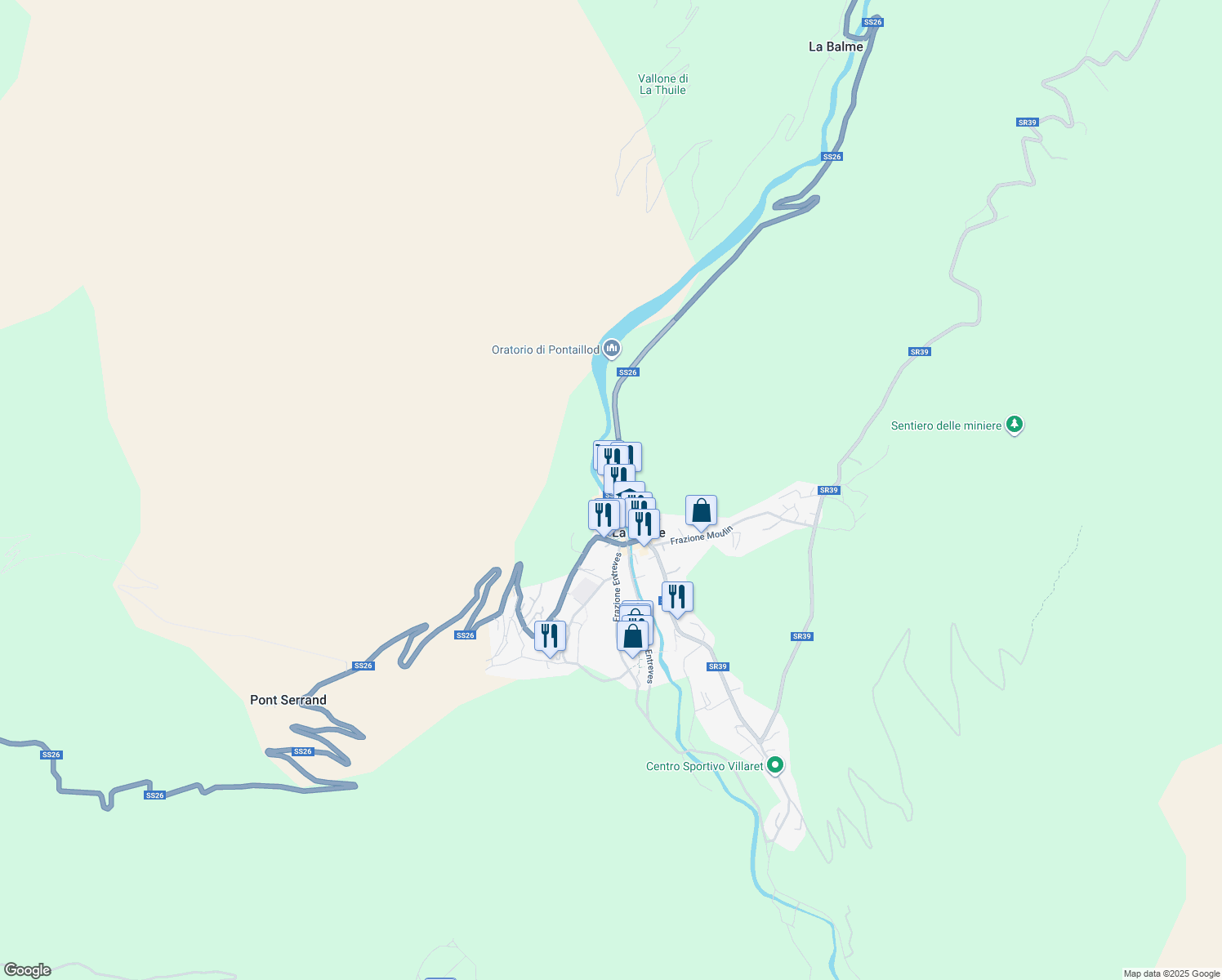 map of restaurants, bars, coffee shops, grocery stores, and more near 7 Via Piccolo San Bernardo in La Thuile