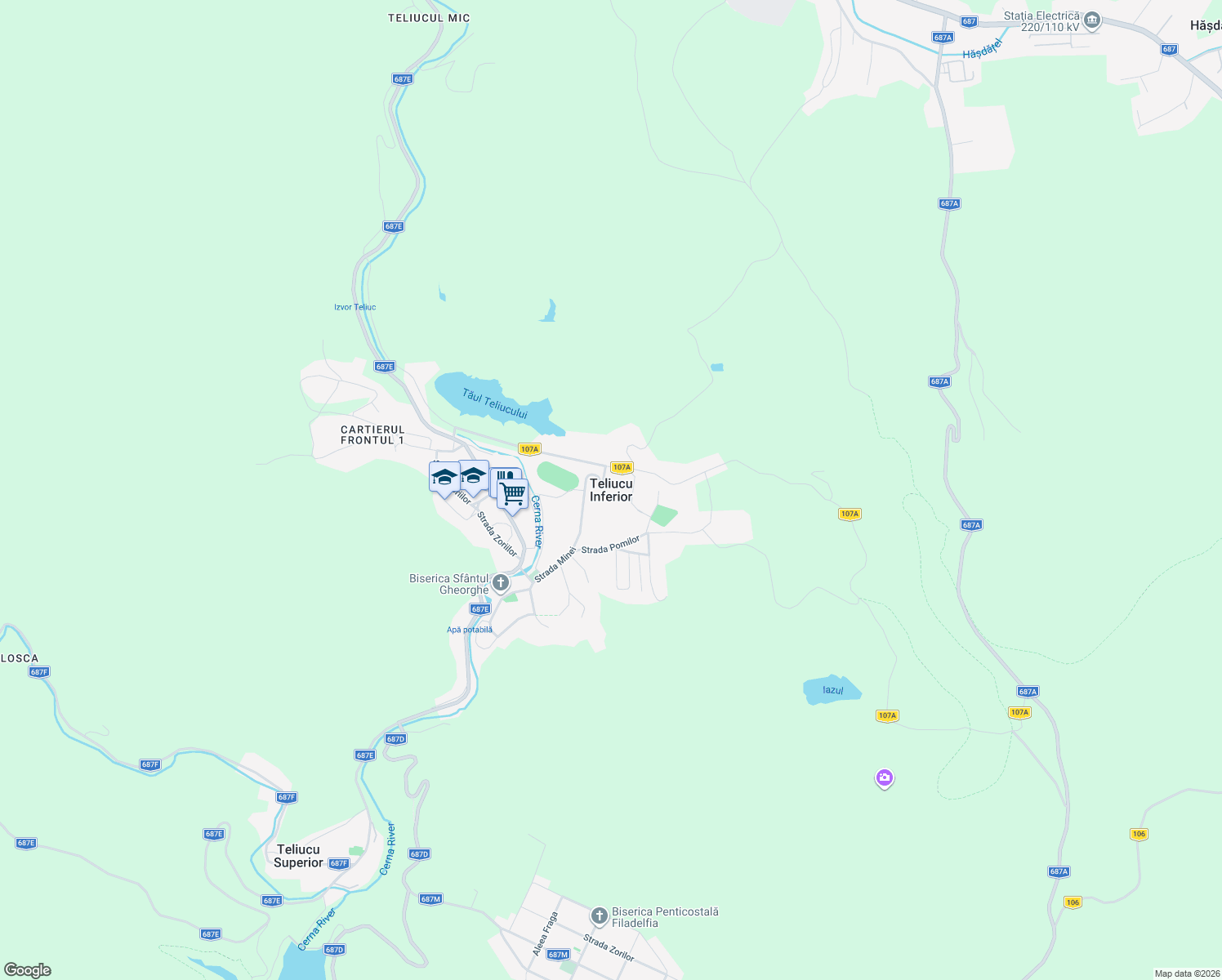 map of restaurants, bars, coffee shops, grocery stores, and more near in Teliucu Inferior