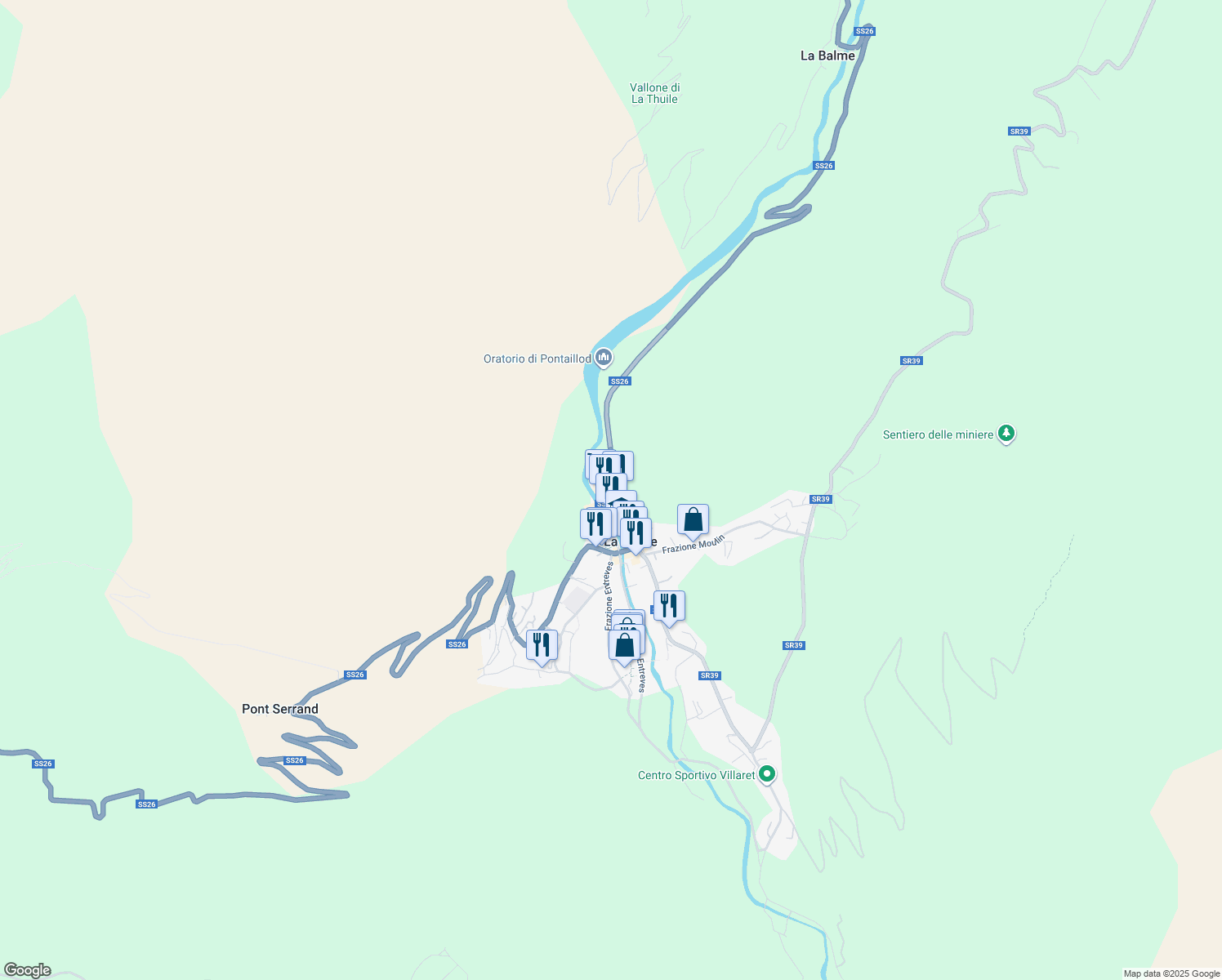 map of restaurants, bars, coffee shops, grocery stores, and more near 7 Via Piccolo San Bernardo in La Thuile