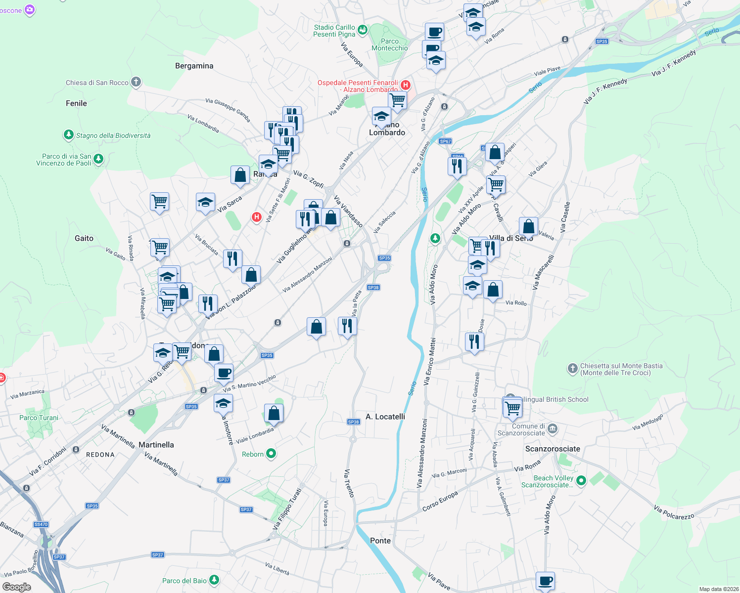 map of restaurants, bars, coffee shops, grocery stores, and more near 33 Via Viandasso in Ranica