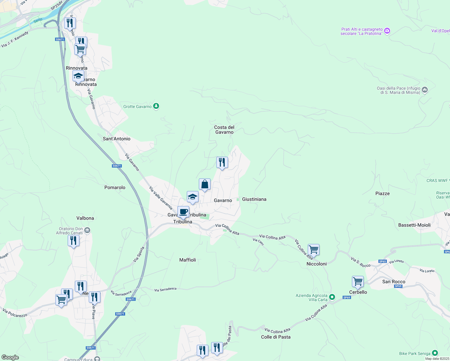 map of restaurants, bars, coffee shops, grocery stores, and more near 15 Via Monte Bianco in Bergamo