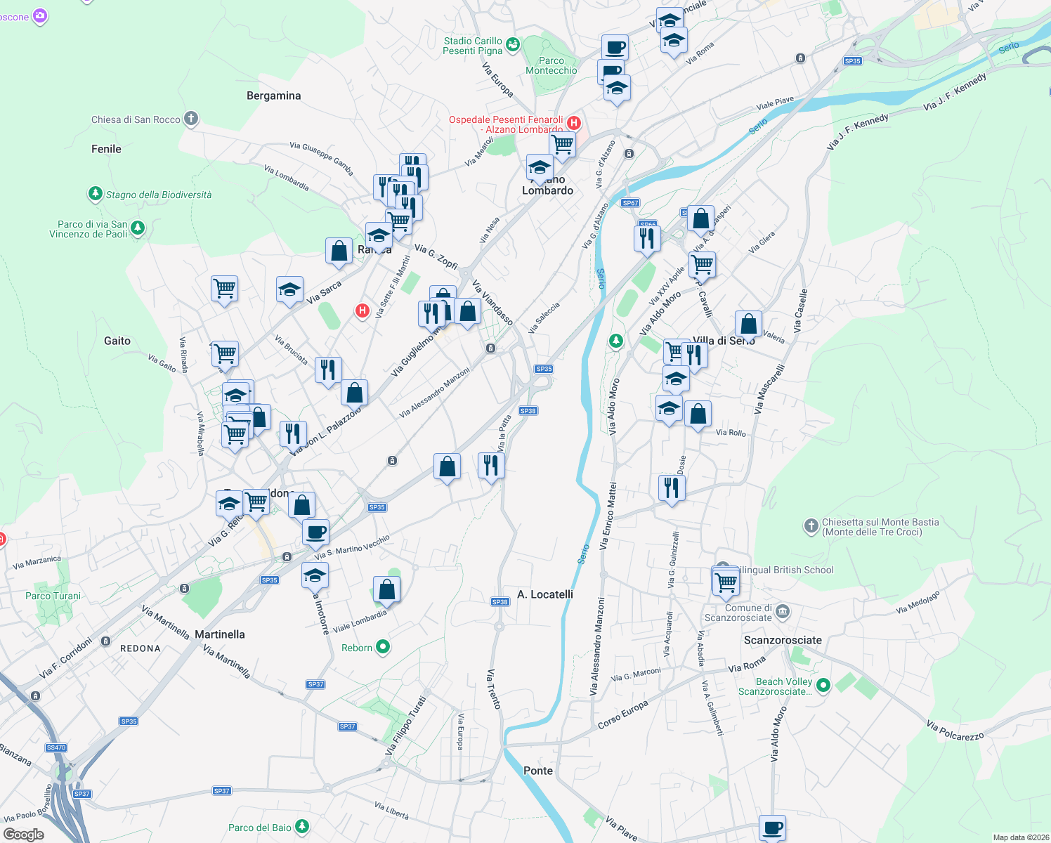 map of restaurants, bars, coffee shops, grocery stores, and more near 33 Via Viandasso in Ranica