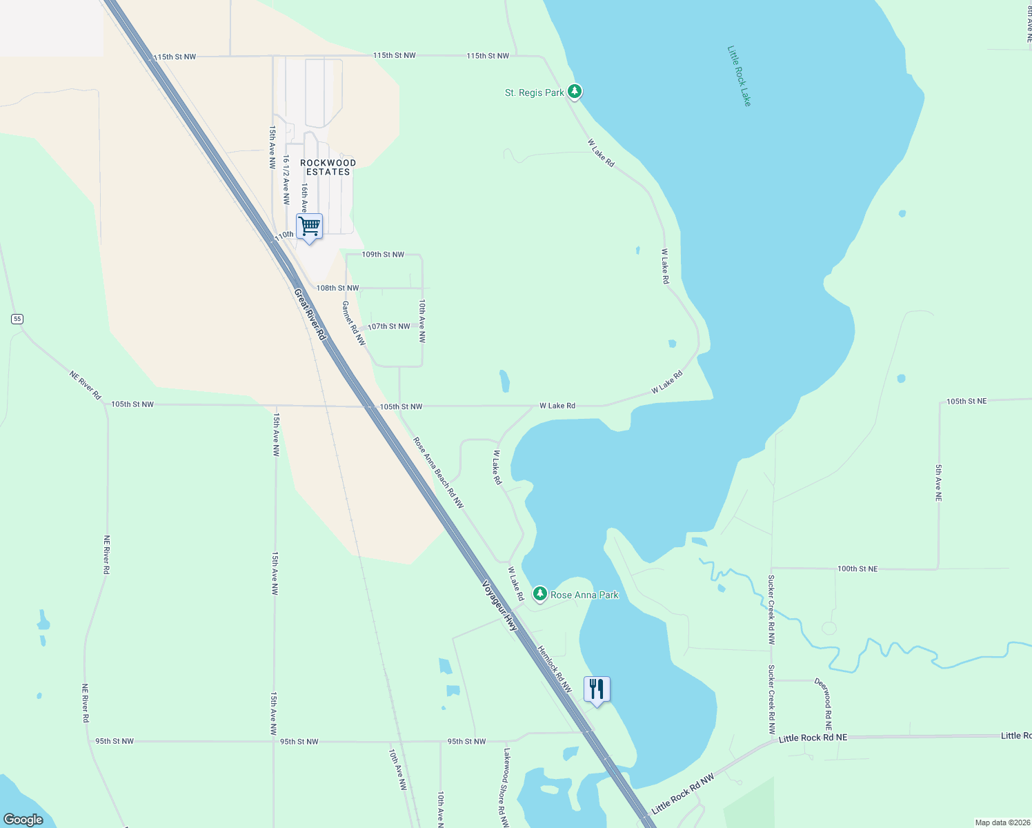 map of restaurants, bars, coffee shops, grocery stores, and more near 700 105th Street Northwest in Rice