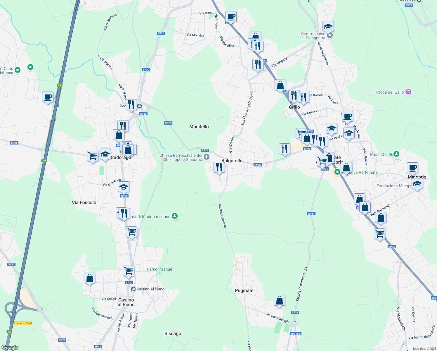 map of restaurants, bars, coffee shops, grocery stores, and more near 2 Via Clerici in Bulgorello