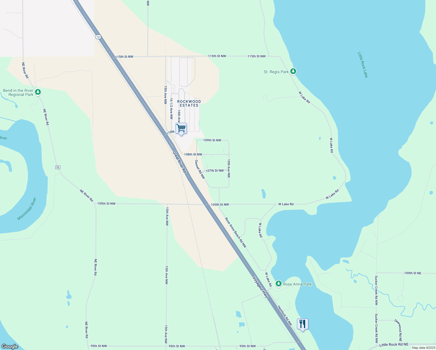 map of restaurants, bars, coffee shops, grocery stores, and more near 1050 107th Street Northwest in Rice