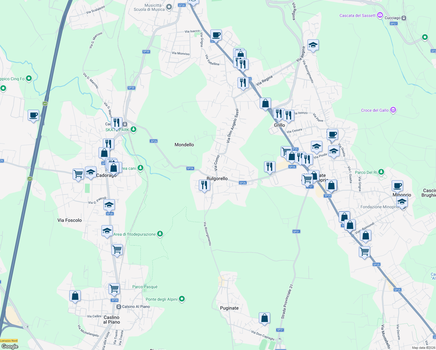 map of restaurants, bars, coffee shops, grocery stores, and more near in Bulgorello