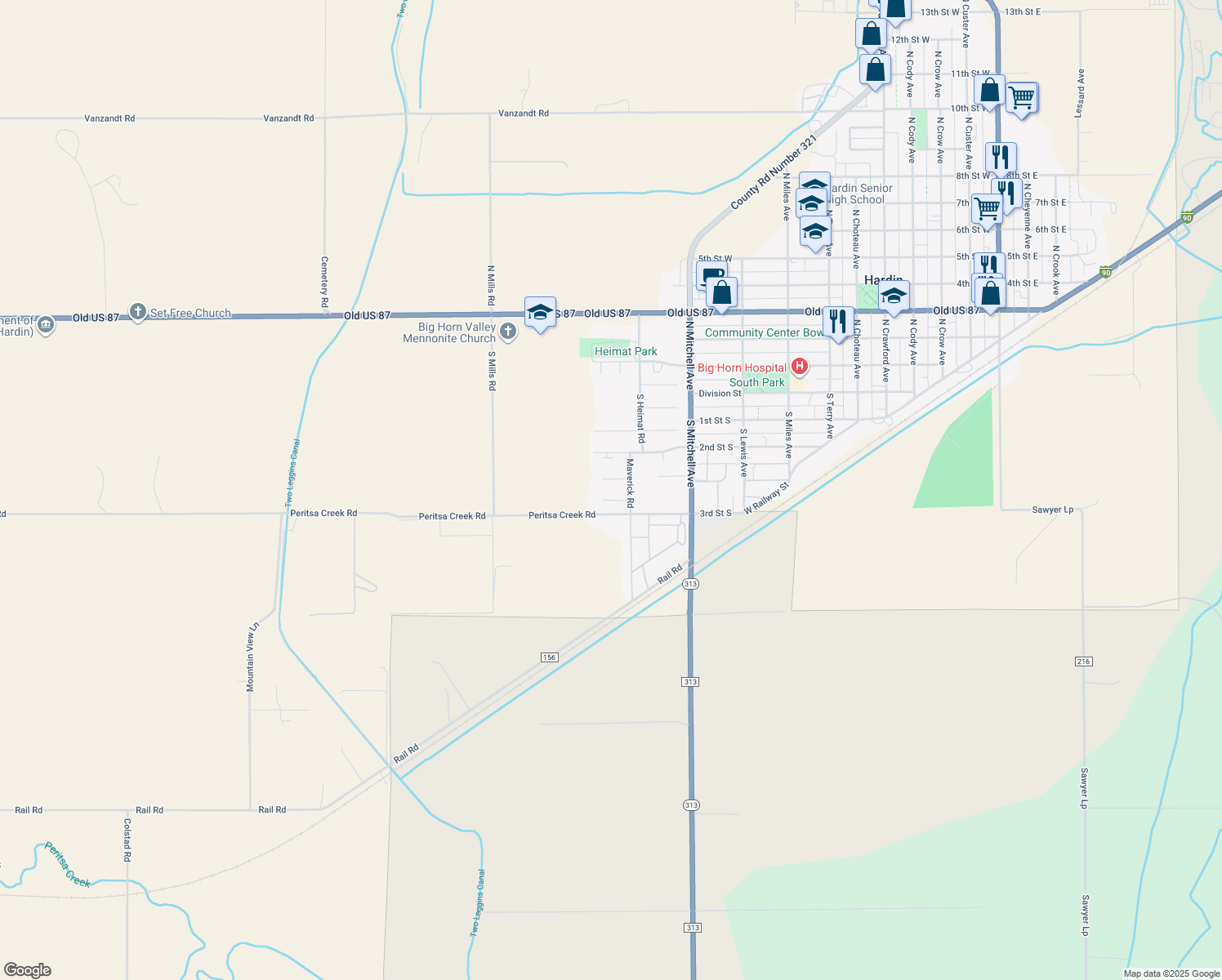 map of restaurants, bars, coffee shops, grocery stores, and more near 1121 Cactus Court in Hardin