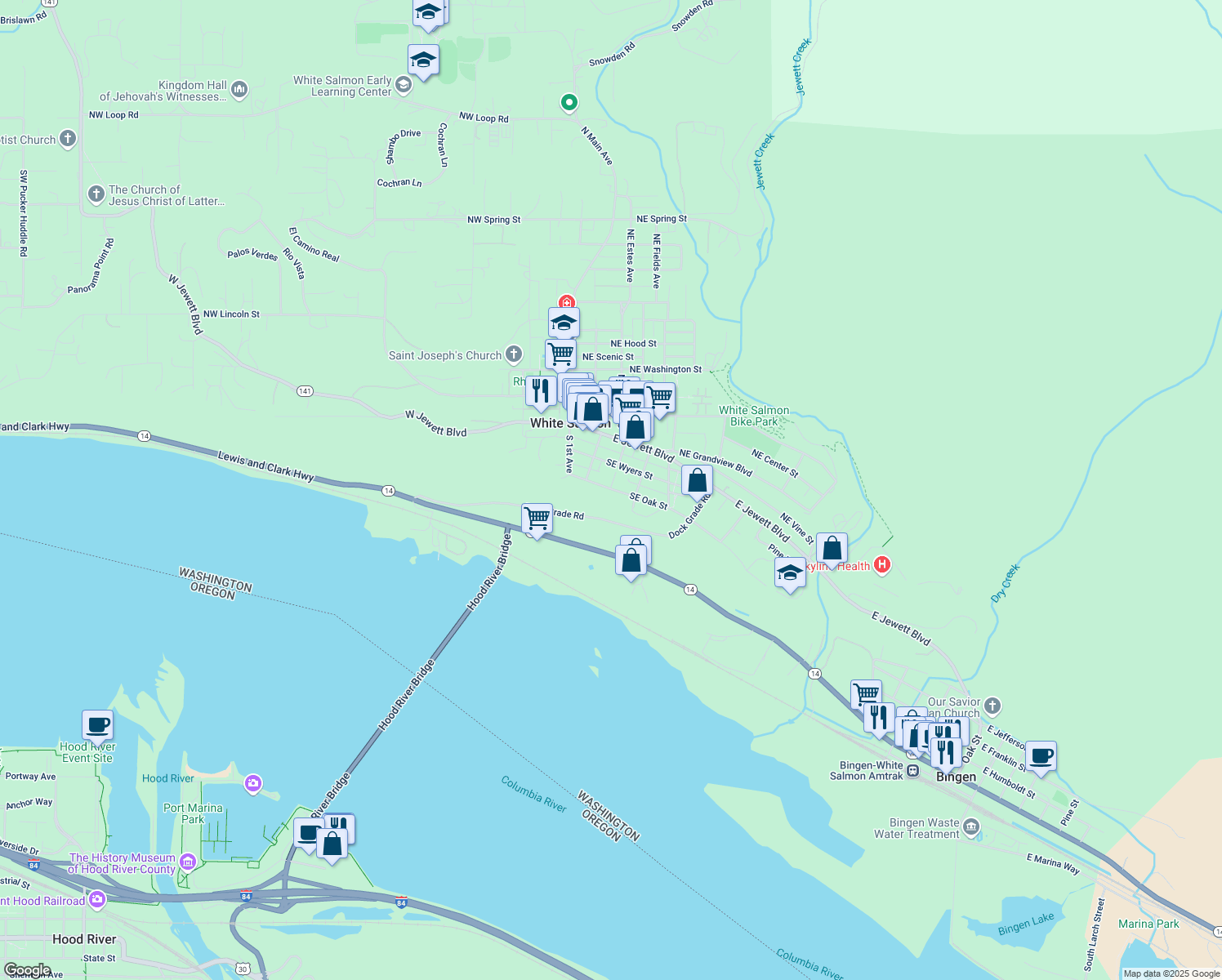 map of restaurants, bars, coffee shops, grocery stores, and more near 325 Southeast Oak Street in White Salmon