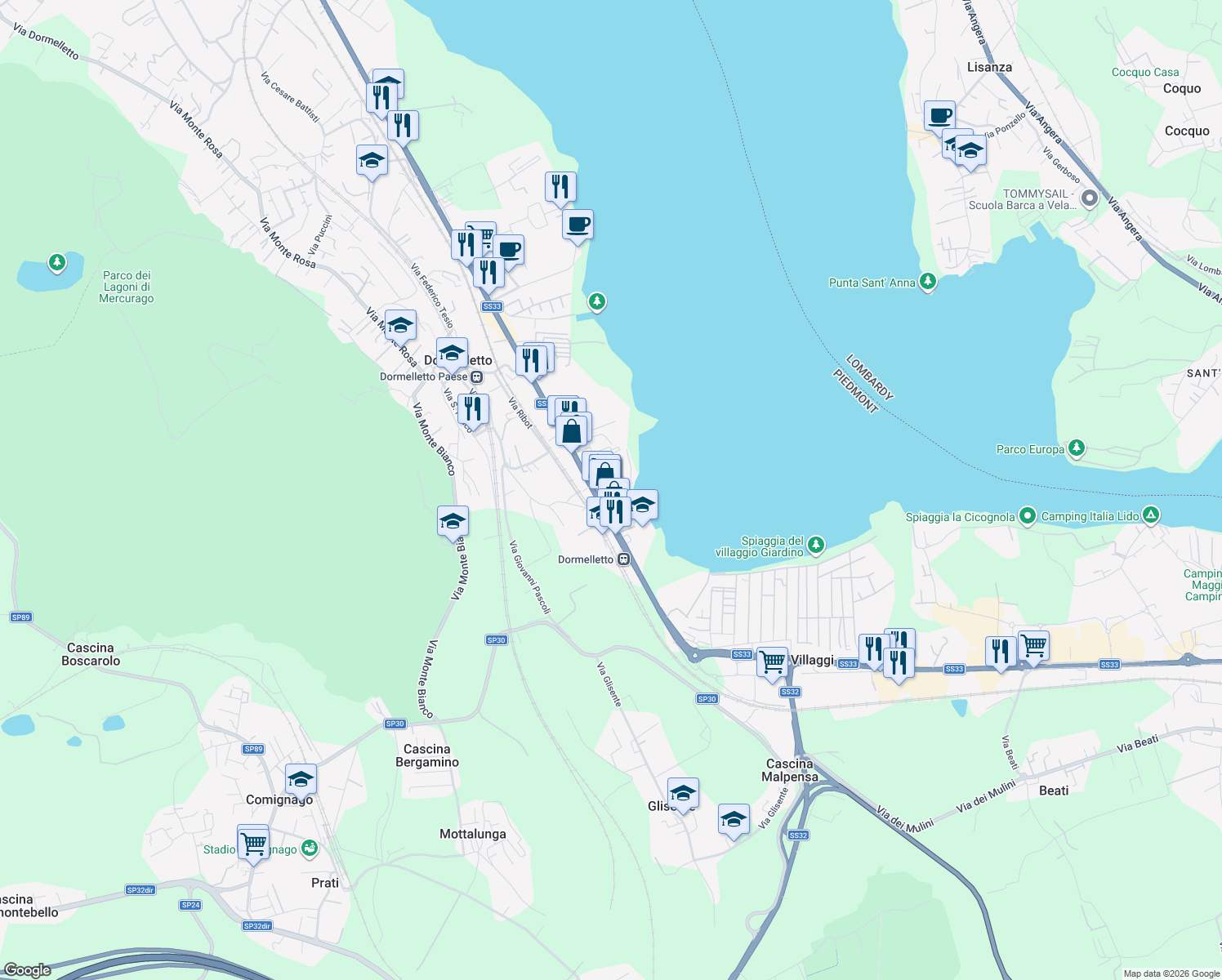 map of restaurants, bars, coffee shops, grocery stores, and more near 14 Via Venezia in Dormelletto