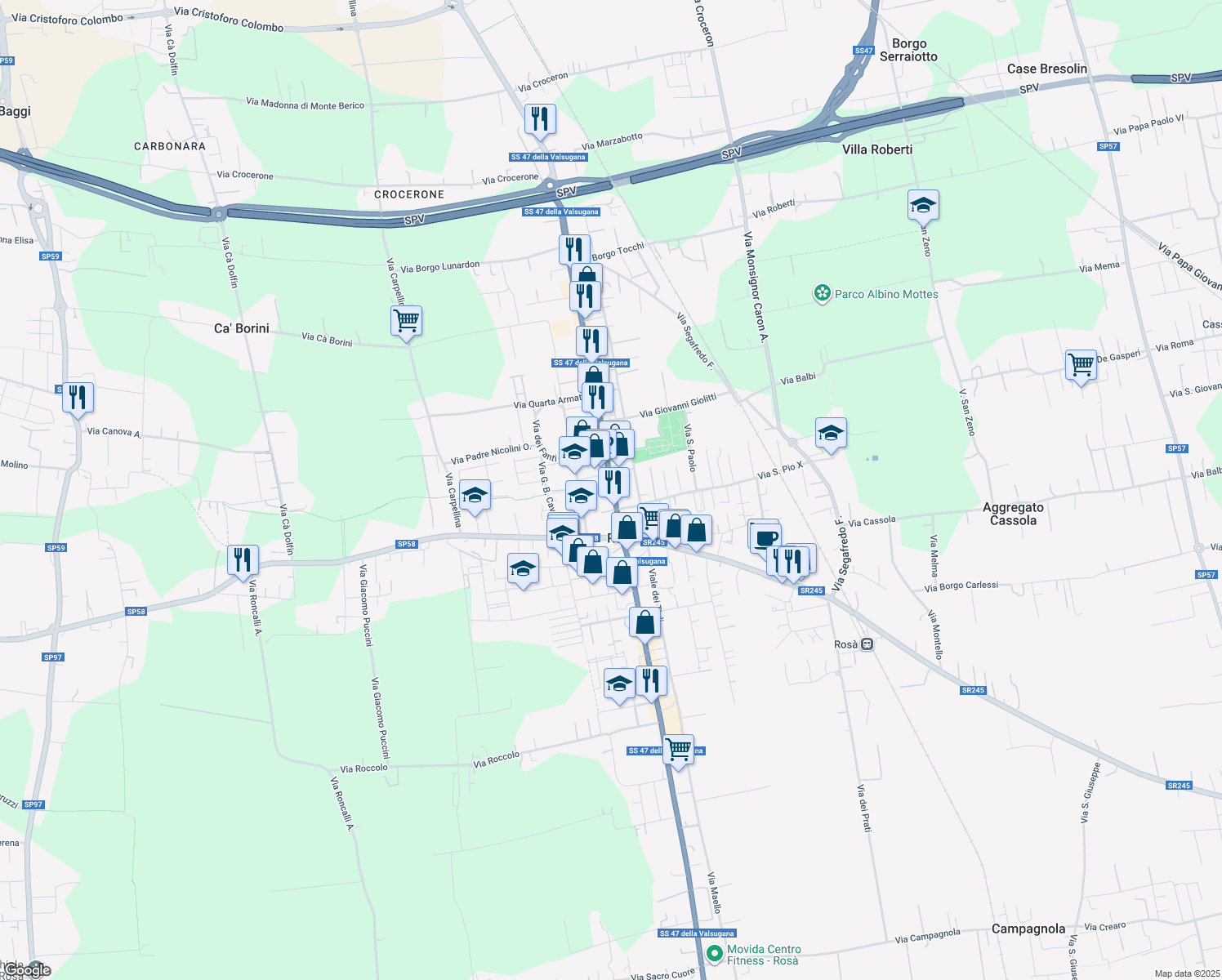 map of restaurants, bars, coffee shops, grocery stores, and more near 35 Via Capitano Alessio in Rosà