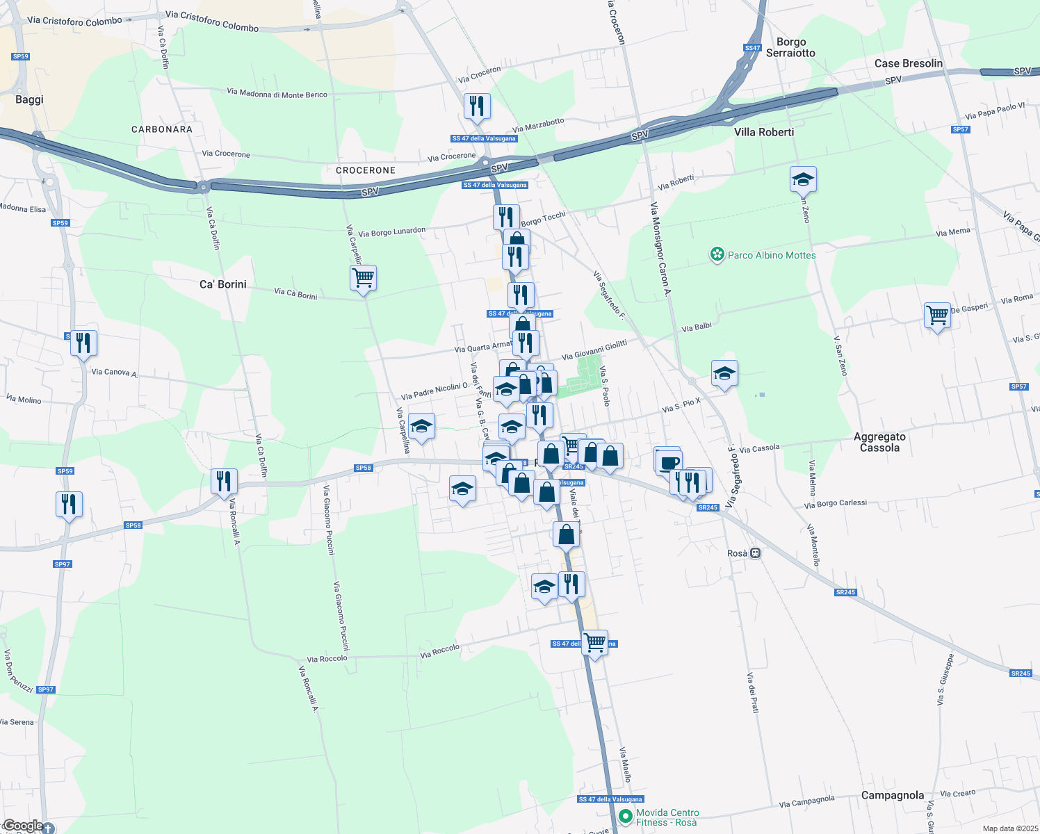 map of restaurants, bars, coffee shops, grocery stores, and more near 35 Via Capitano Alessio in Rosà