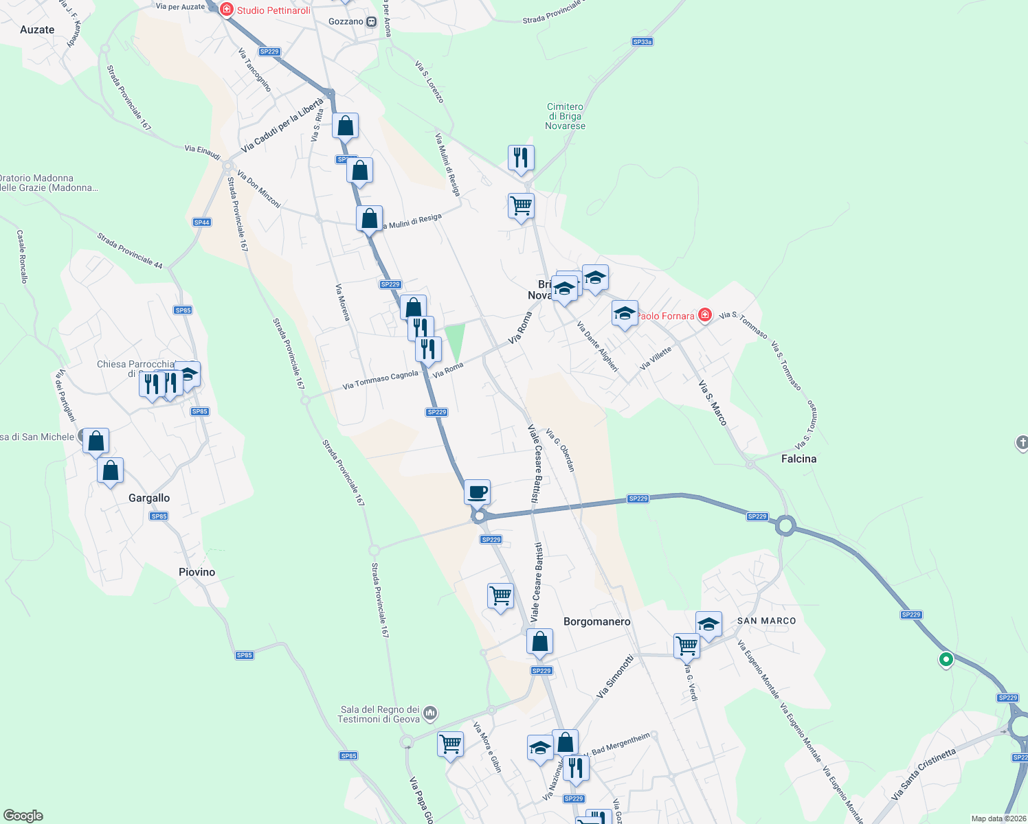 map of restaurants, bars, coffee shops, grocery stores, and more near 36a Viale Cesare Battisti in Briga Novarese