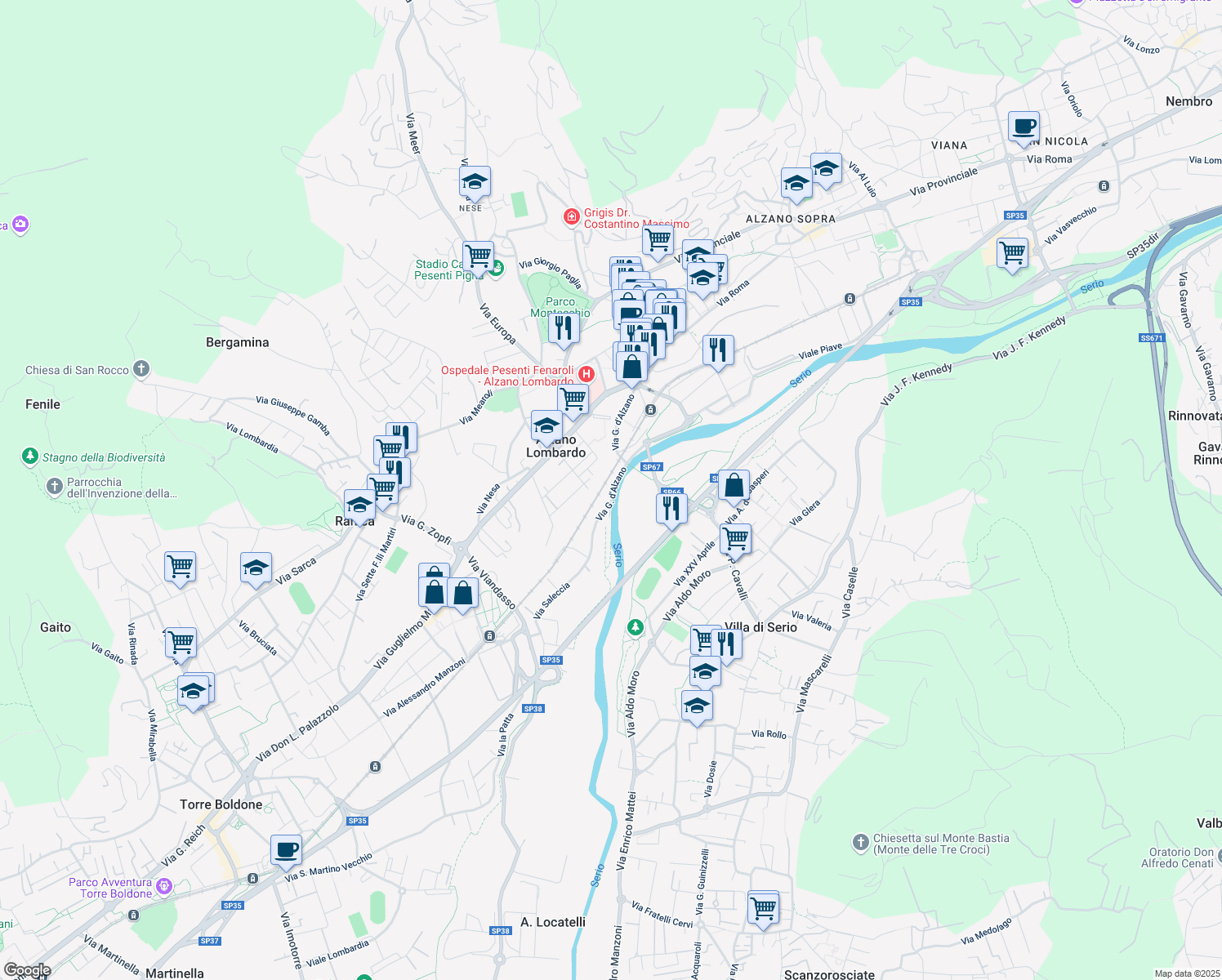 map of restaurants, bars, coffee shops, grocery stores, and more near 24A Via G. d'Alzano in Alzano Lombardo