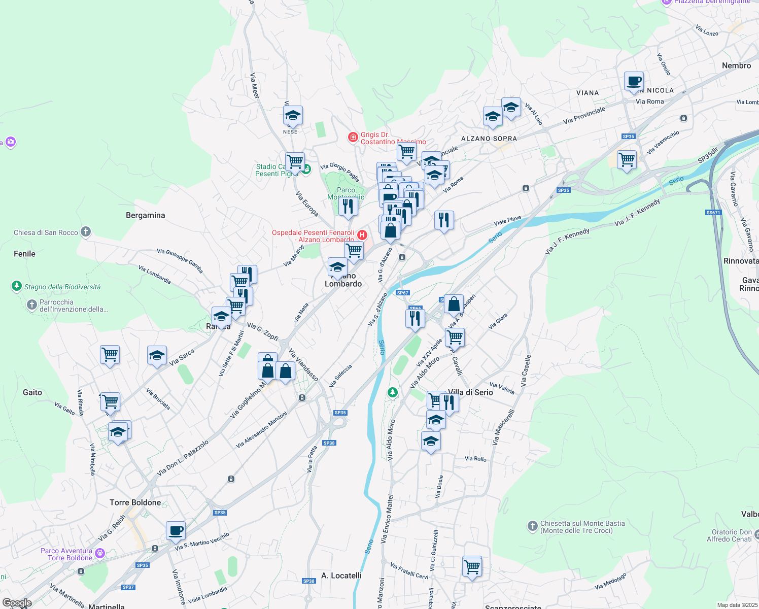 map of restaurants, bars, coffee shops, grocery stores, and more near 24A Via G. d'Alzano in Provincia di Bergamo