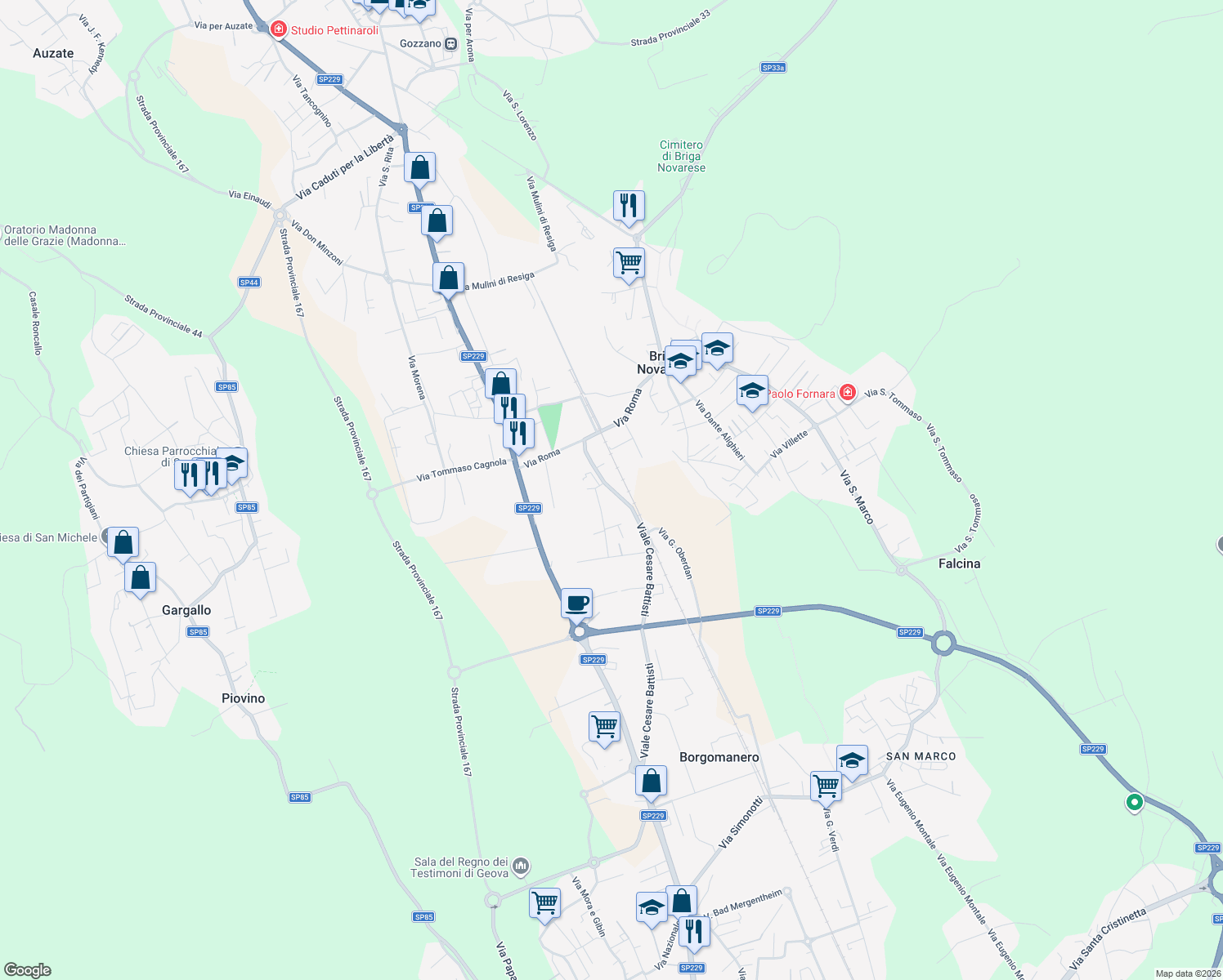 map of restaurants, bars, coffee shops, grocery stores, and more near 36a Viale Cesare Battisti in Briga Novarese