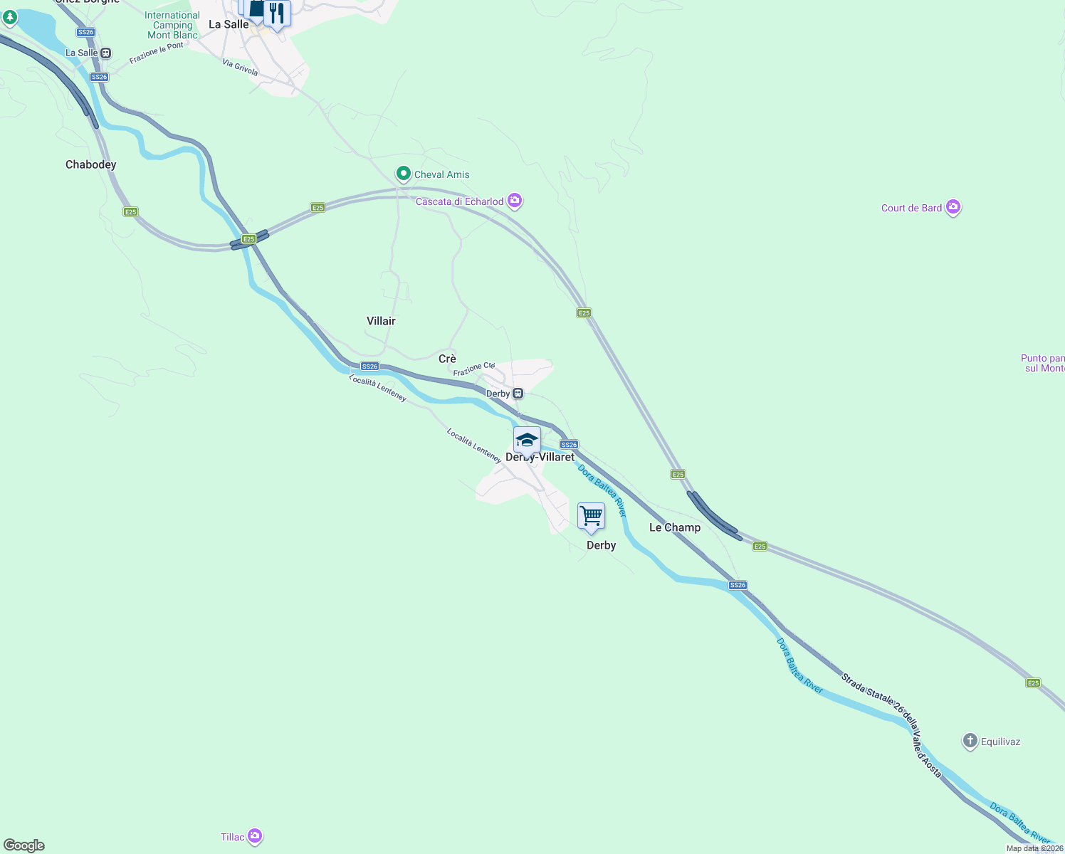 map of restaurants, bars, coffee shops, grocery stores, and more near 23 Frazione Villaret in Derby-villaret