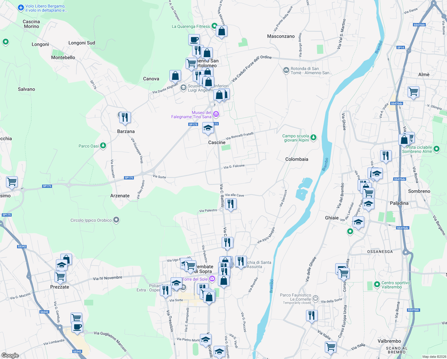 map of restaurants, bars, coffee shops, grocery stores, and more near 43 Via XXV Aprile in Almenno San Bartolomeo