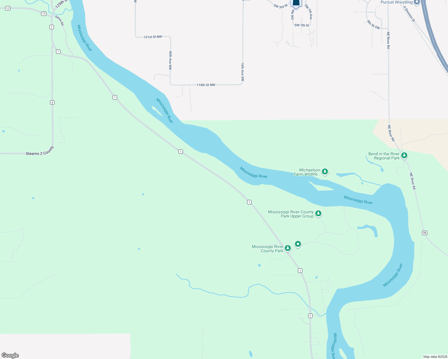 map of restaurants, bars, coffee shops, grocery stores, and more near 42399 County Road 1 in Rice